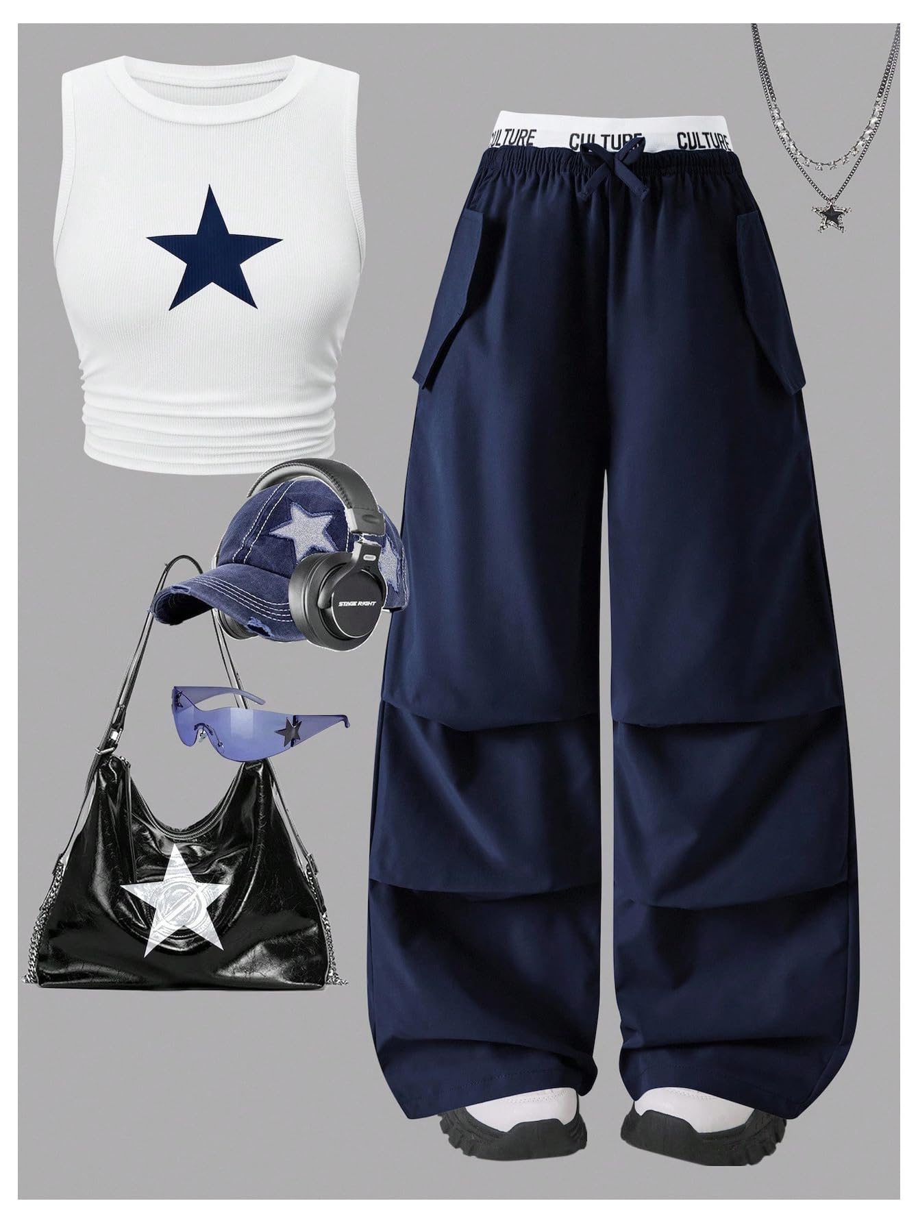 OYOANGLE Girl's 2 Piece Set Y2K Star Graphic Crop Ribbed Knit Tank Top and Letter Ruffled Cargo Pants Sets Streetwear