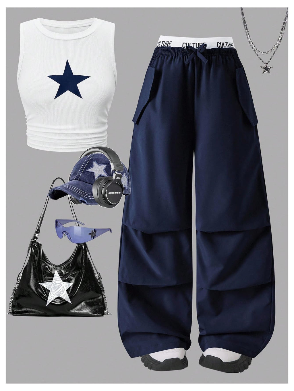 OYOANGLE Girl's 2 Piece Set Y2K Star Graphic Crop Ribbed Knit Tank Top and Letter Ruffled Cargo Pants Sets Streetwear