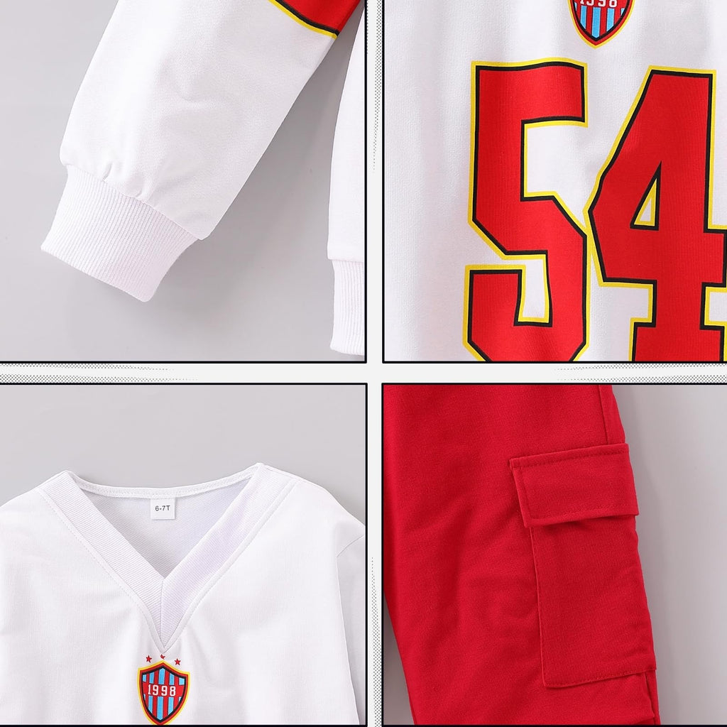 Axumity Tween Girls Clothes Sporty Color Blocking Numeral Print Sweatshirt & Cargo Pants Outfit Set