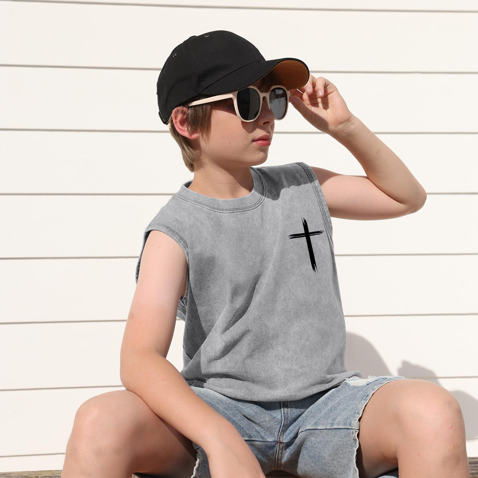 Fkatuzi Boys Christian Graphic Tank Tops God Jesus Shirts for Kids Cross Faith Religious Cotton Acid Wash Sleevesless Tshirt