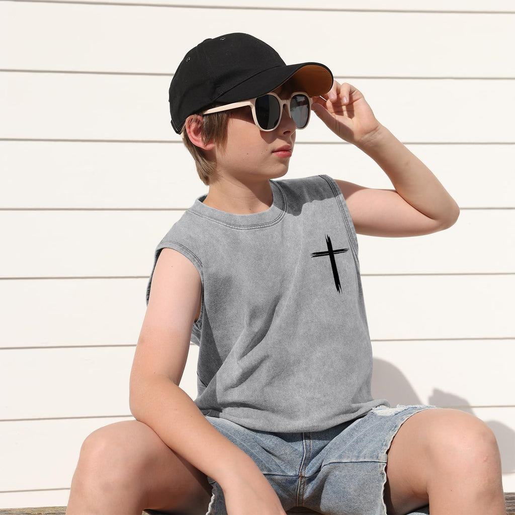 Fkatuzi Boys Christian Graphic Tank Tops God Jesus Shirts for Kids Cross Faith Religious Cotton Acid Wash Sleevesless Tshirt