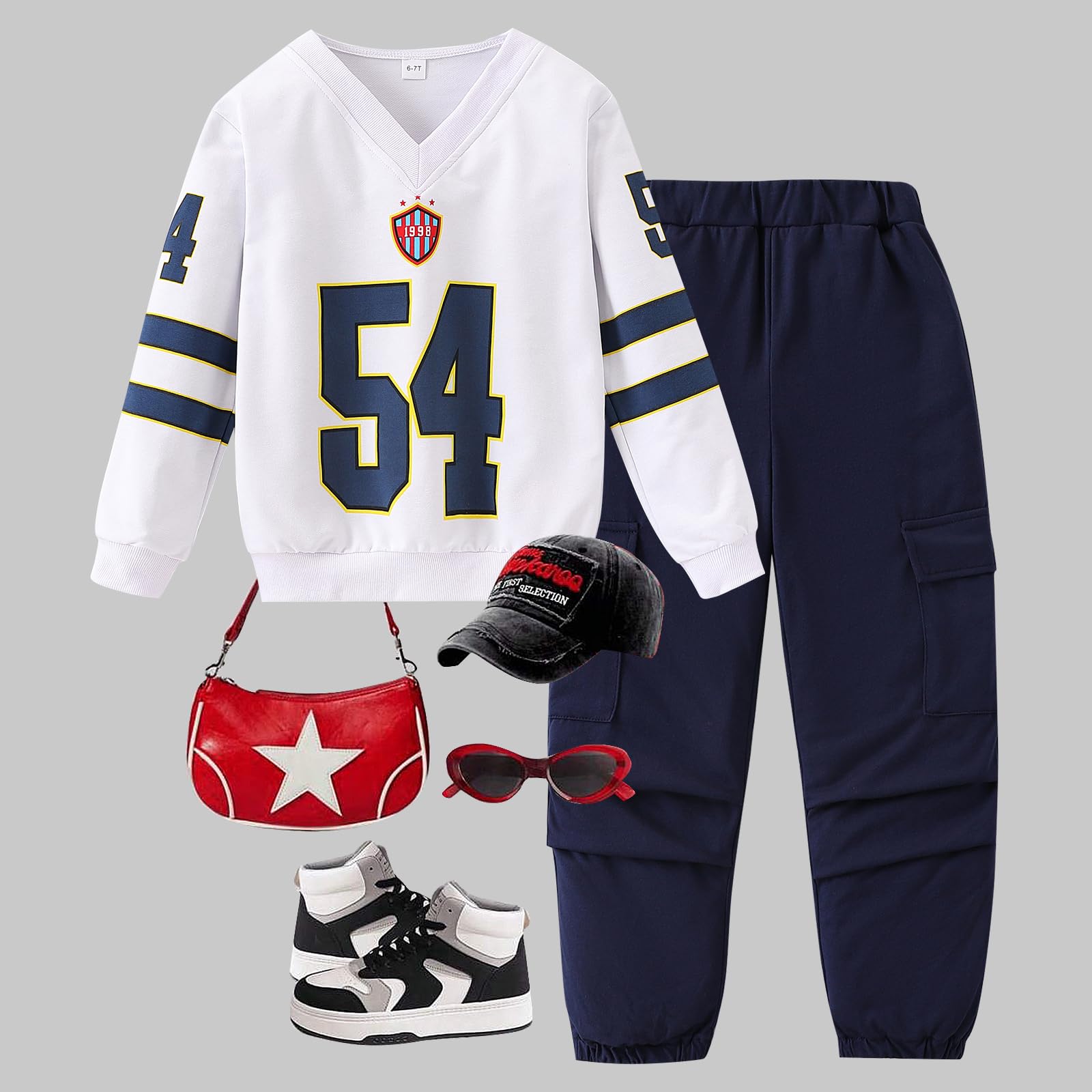 Axumity Tween Girls Clothes Sporty Color Blocking Numeral Print Sweatshirt & Cargo Pants Outfit Set