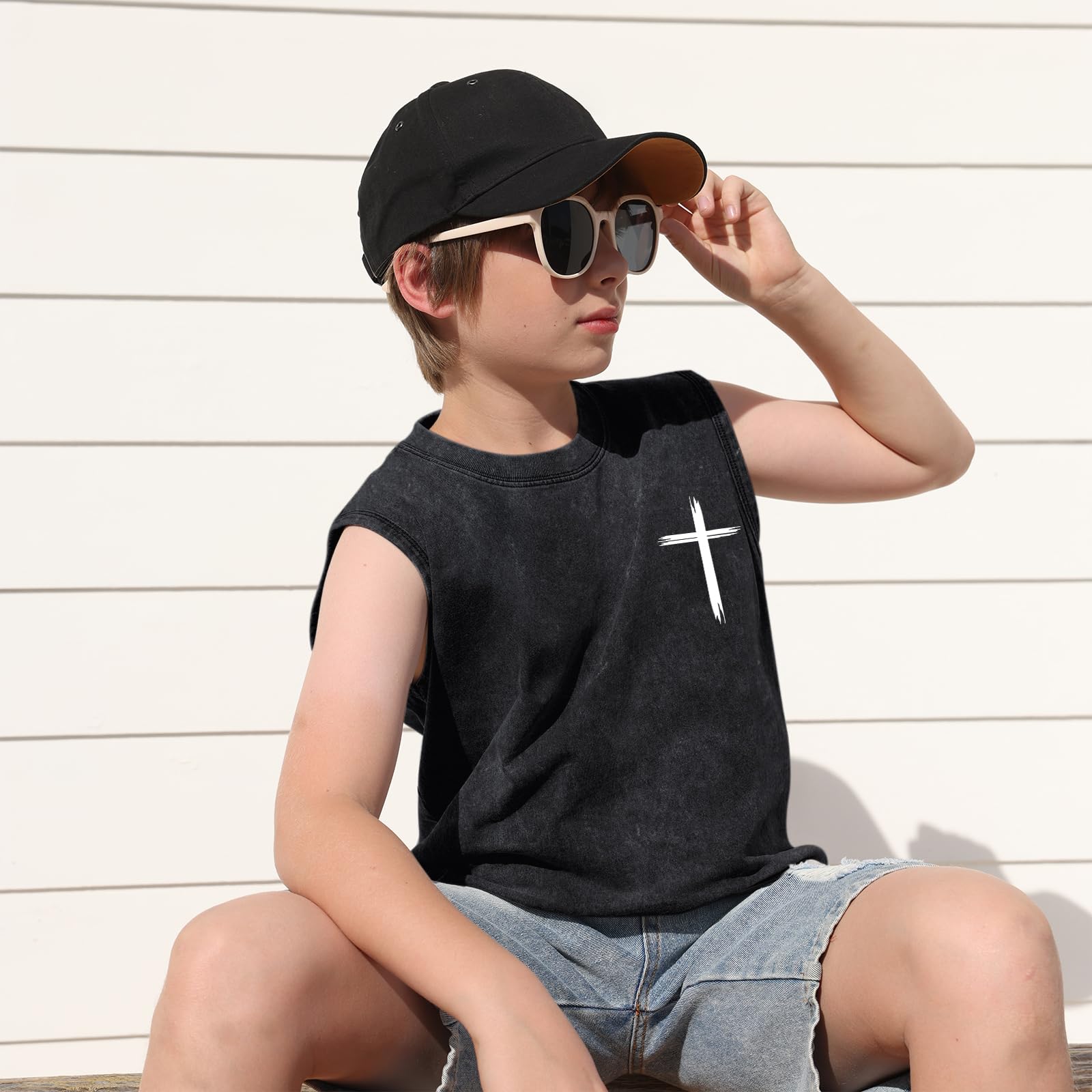 Fkatuzi Boys Christian Graphic Tank Tops God Jesus Shirts for Kids Cross Faith Religious Cotton Acid Wash Sleevesless Tshirt