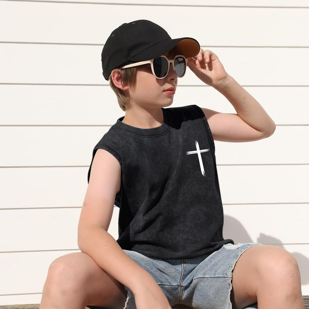 Fkatuzi Boys Christian Graphic Tank Tops God Jesus Shirts for Kids Cross Faith Religious Cotton Acid Wash Sleevesless Tshirt