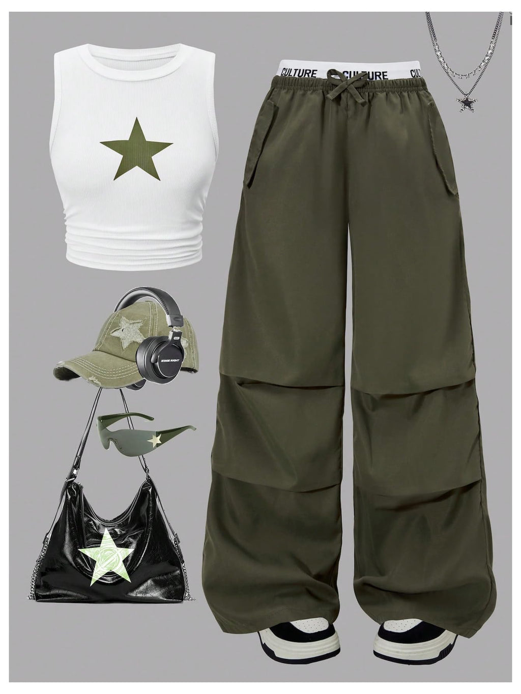 OYOANGLE Girl's 2 Piece Set Y2K Star Graphic Crop Ribbed Knit Tank Top and Letter Ruffled Cargo Pants Sets Streetwear