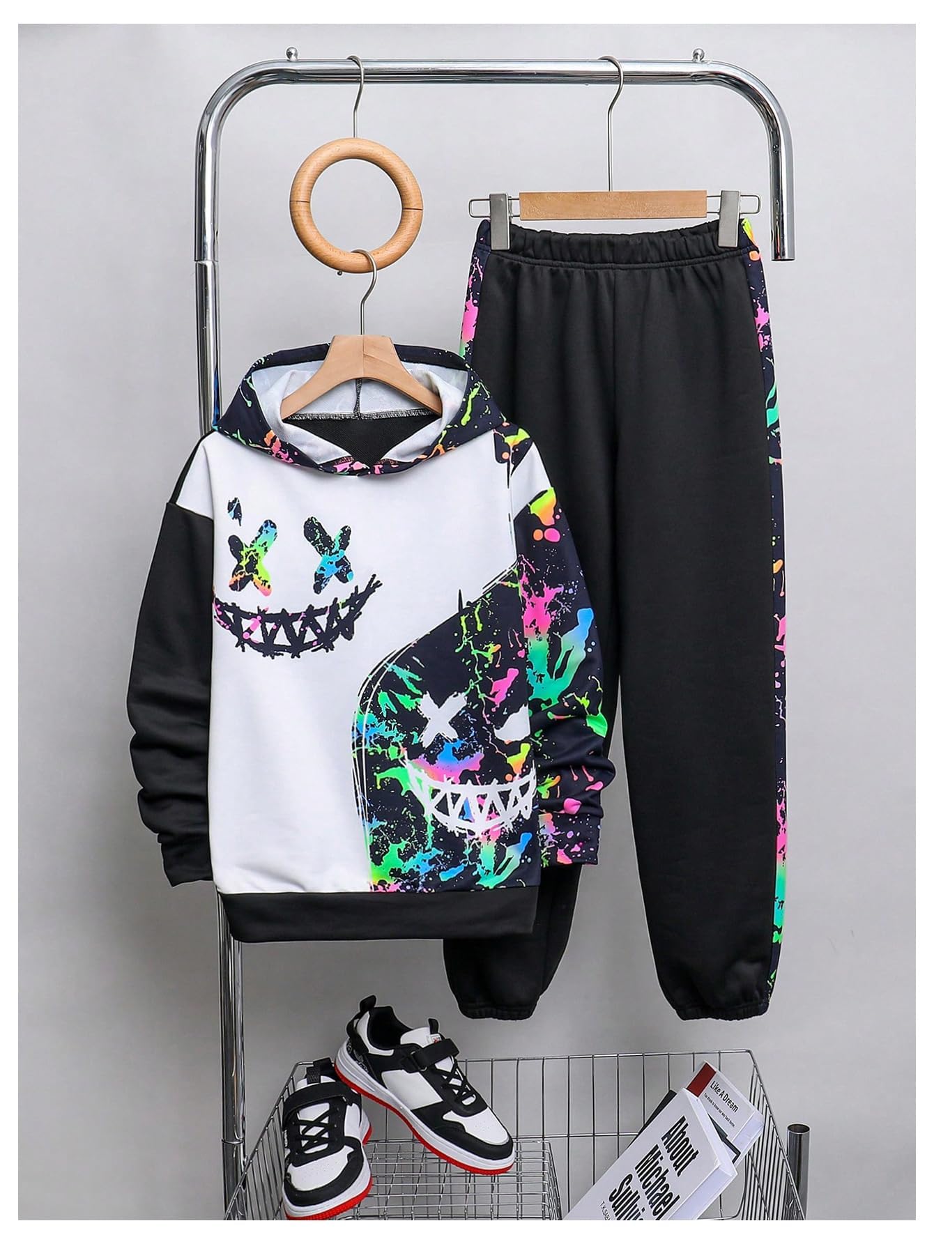 WDIRARA Boy's 2 Piece Outfits Colorful Graphic Print Long Sleeve Hoodie and Sweatpants Set Tracksuit