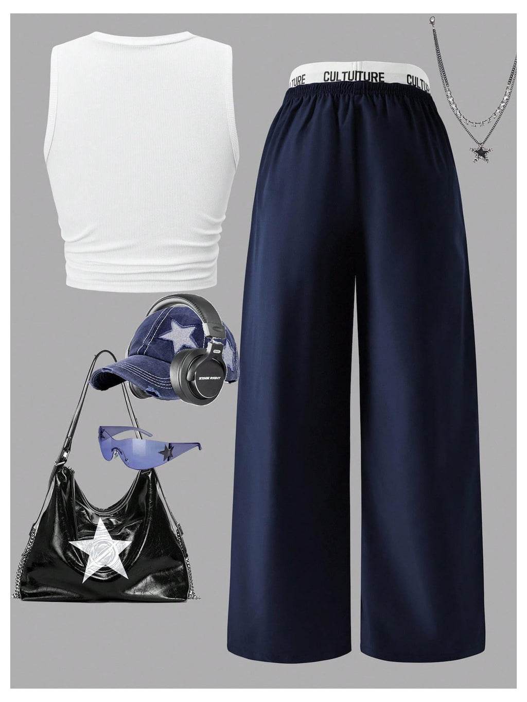 OYOANGLE Girl's 2 Piece Set Y2K Star Graphic Crop Ribbed Knit Tank Top and Letter Ruffled Cargo Pants Sets Streetwear