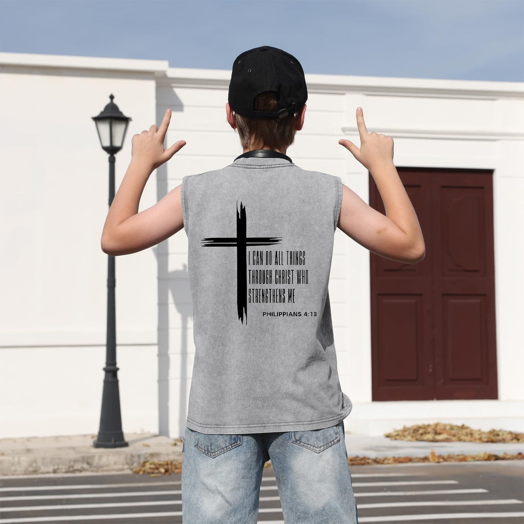 Fkatuzi Boys Christian Graphic Tank Tops God Jesus Shirts for Kids Cross Faith Religious Cotton Acid Wash Sleevesless Tshirt