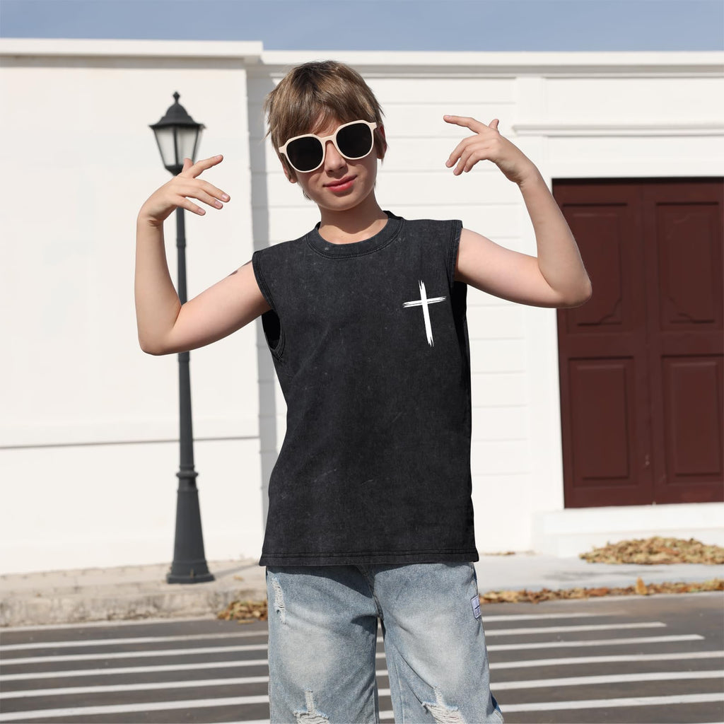 Fkatuzi Boys Christian Graphic Tank Tops God Jesus Shirts for Kids Cross Faith Religious Cotton Acid Wash Sleevesless Tshirt