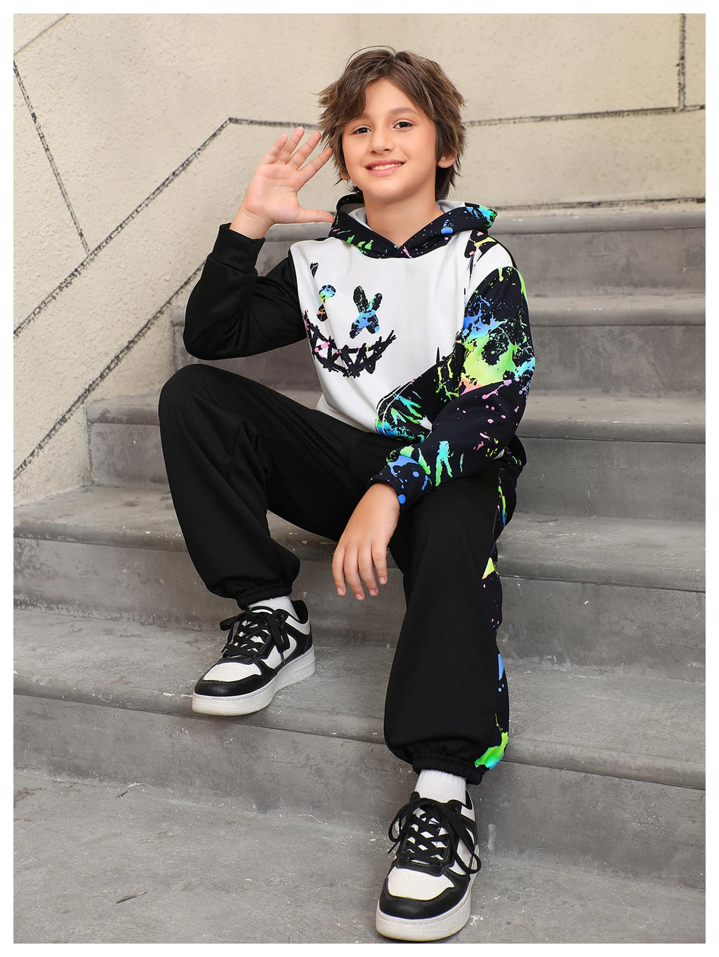 WDIRARA Boy's 2 Piece Outfits Colorful Graphic Print Long Sleeve Hoodie and Sweatpants Set Tracksuit