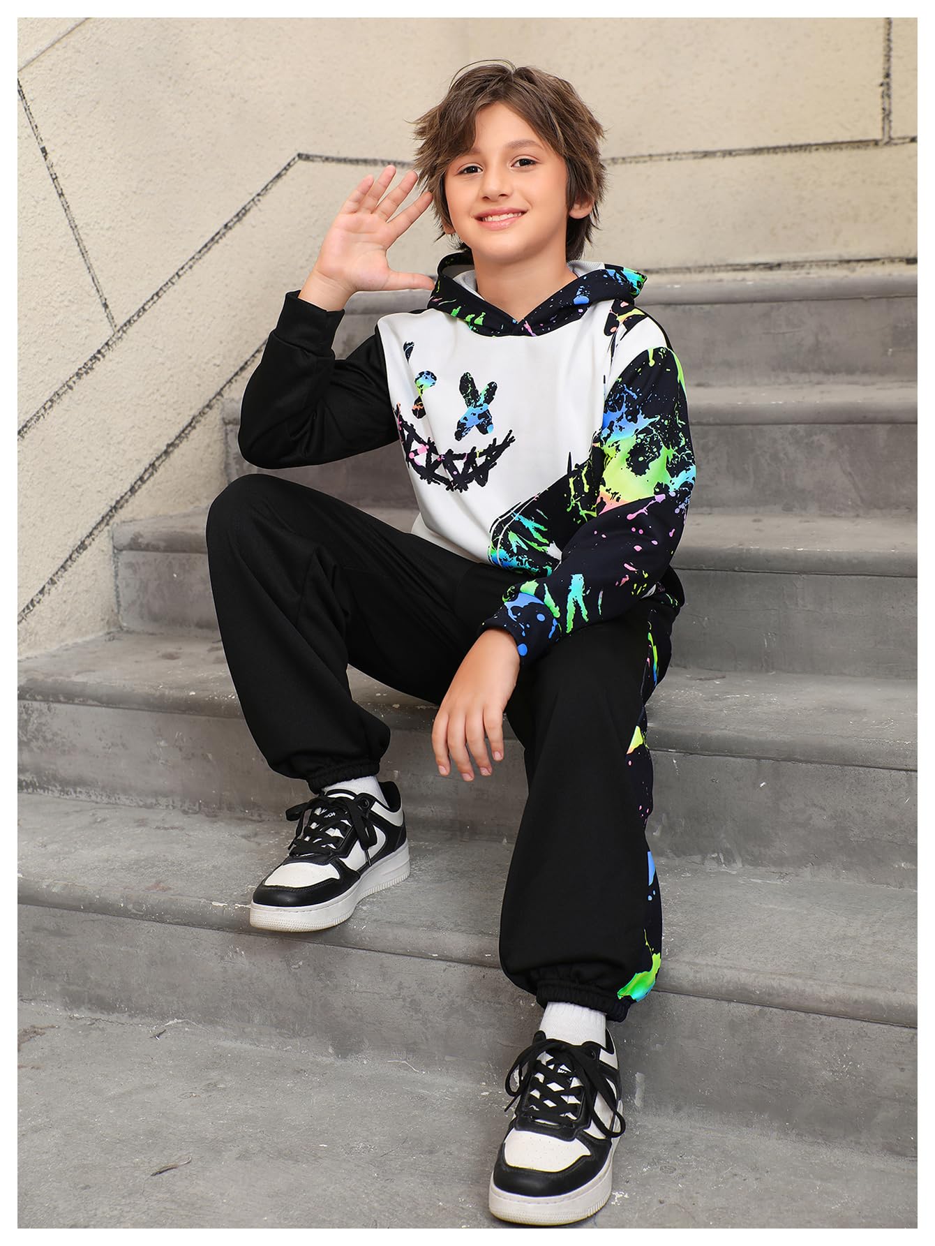 WDIRARA Boy's 2 Piece Outfits Colorful Graphic Print Long Sleeve Hoodie and Sweatpants Set Tracksuit