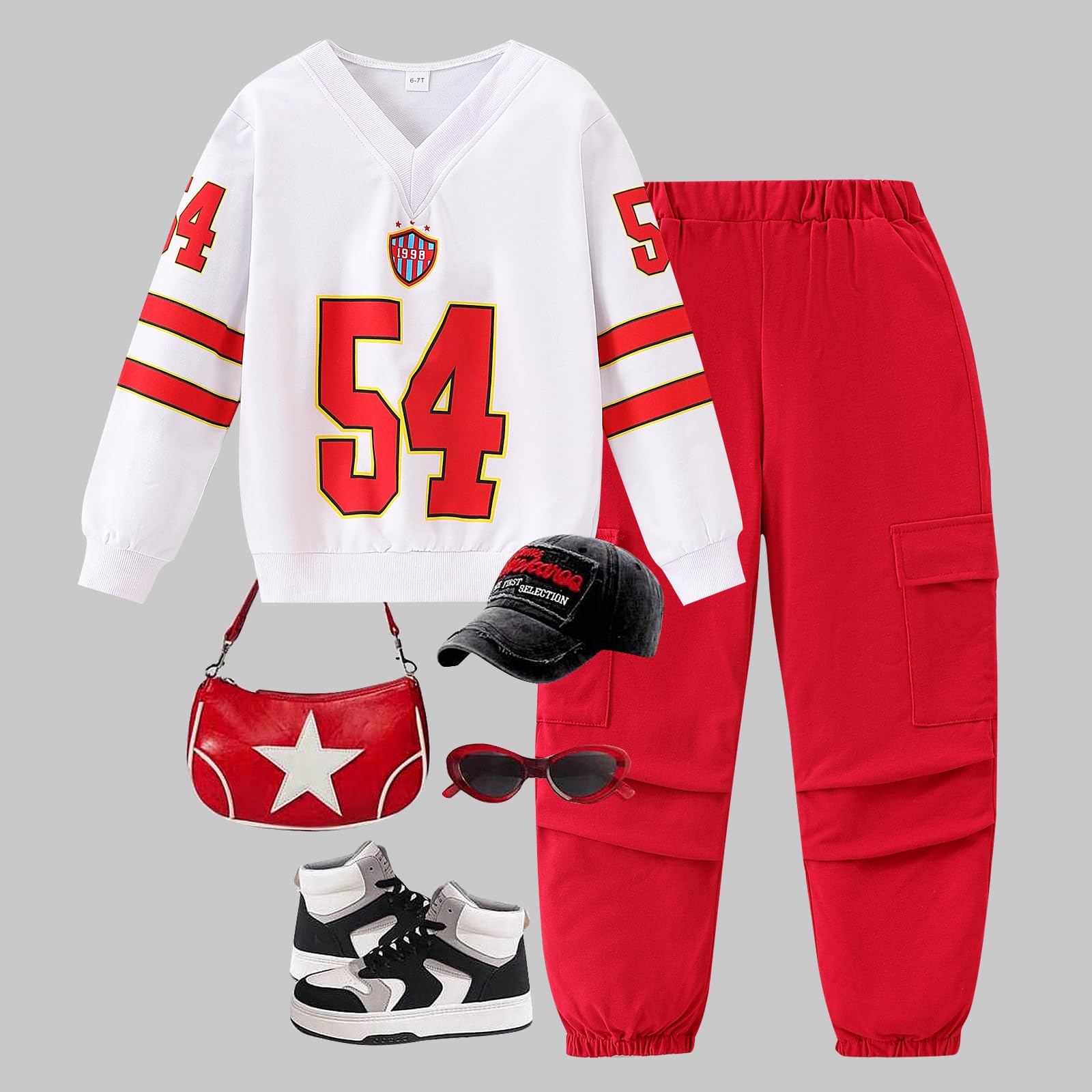 Axumity Tween Girls Clothes Sporty Color Blocking Numeral Print Sweatshirt & Cargo Pants Outfit Set