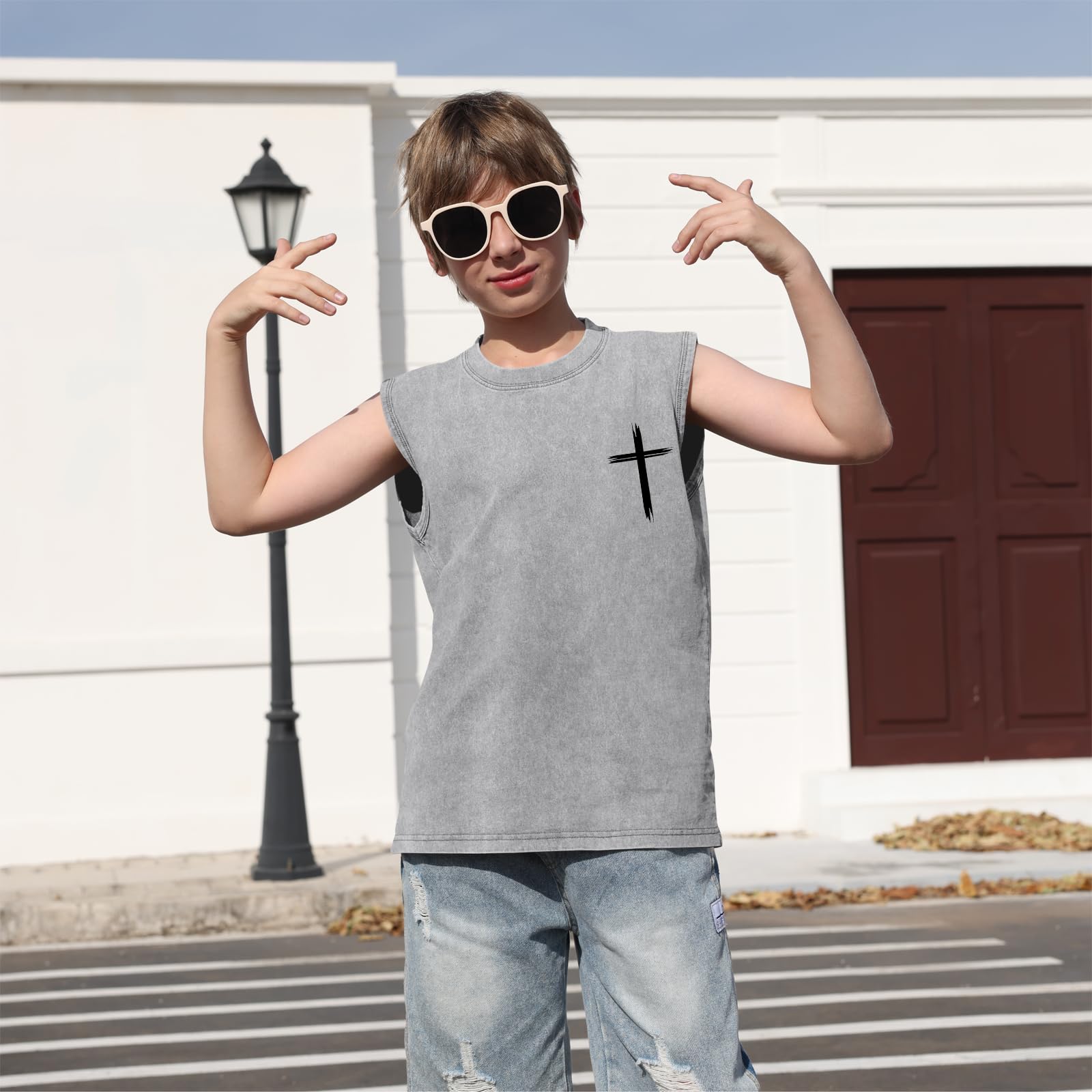Fkatuzi Boys Christian Graphic Tank Tops God Jesus Shirts for Kids Cross Faith Religious Cotton Acid Wash Sleevesless Tshirt
