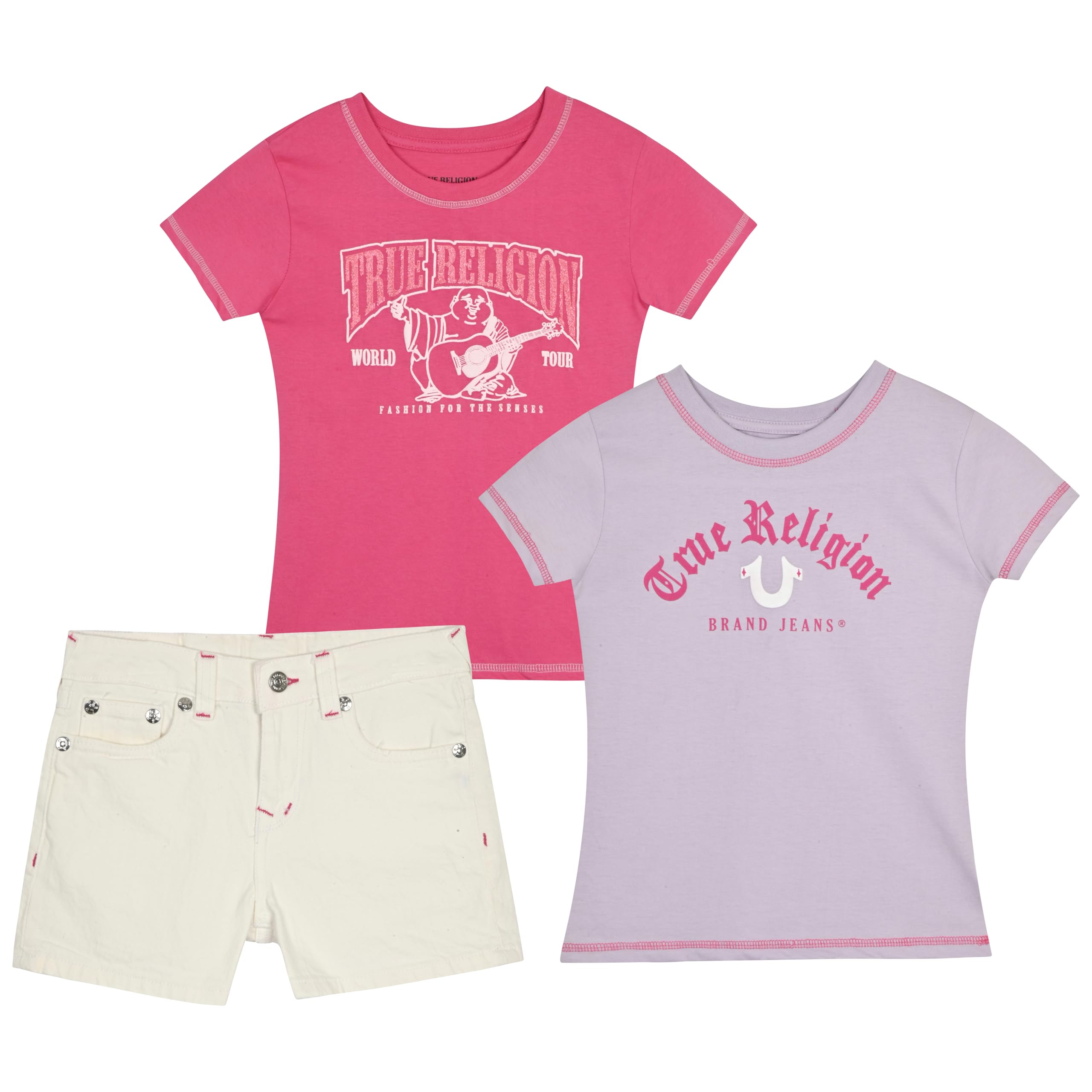 True Religion Girls Jeans Shorts Set Girls Denim Short and Fashion Tee Shirt Clothing Set for Kids