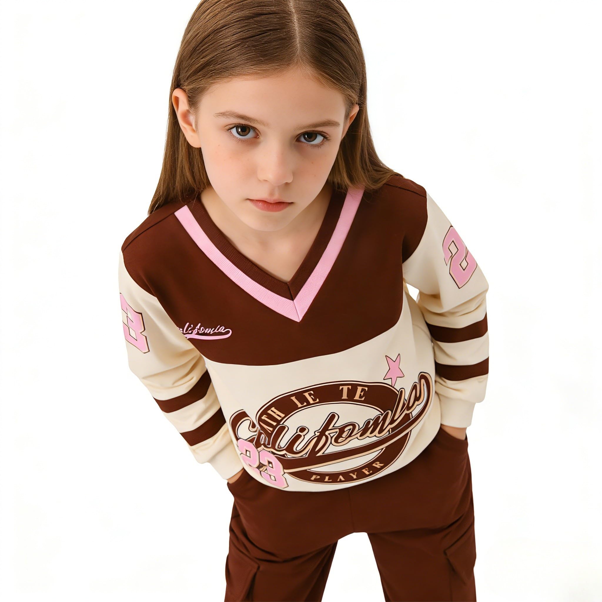 Axumity Tween Girls Clothes Sporty Color Blocking Numeral Print Sweatshirt & Cargo Pants Outfit Set