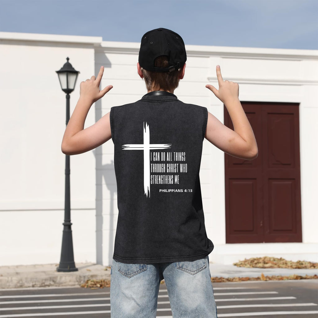 Fkatuzi Boys Christian Graphic Tank Tops God Jesus Shirts for Kids Cross Faith Religious Cotton Acid Wash Sleevesless Tshirt