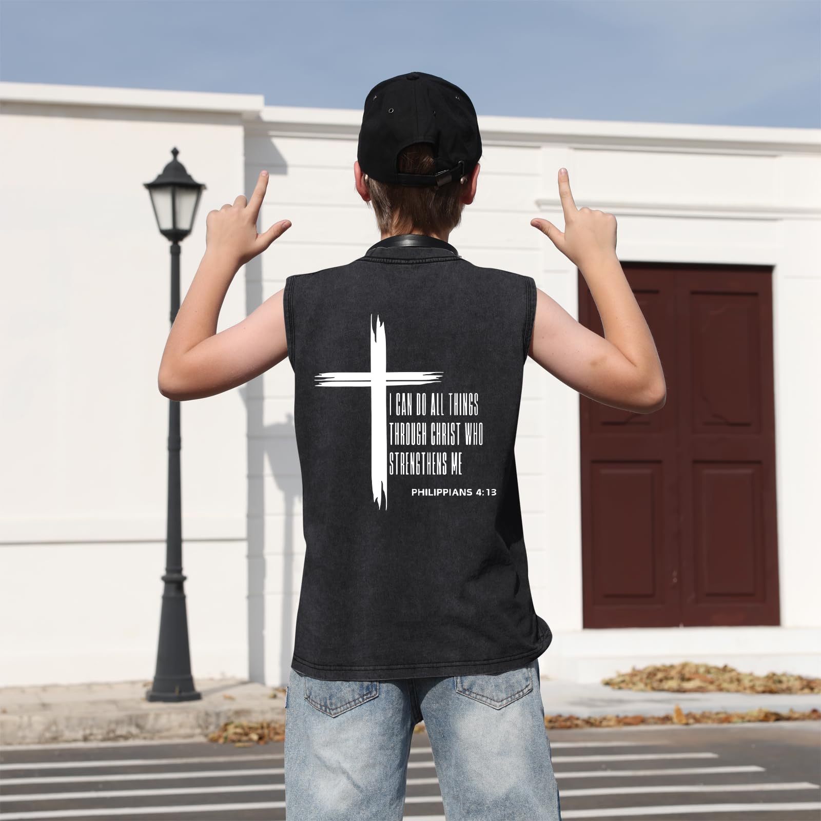 Fkatuzi Boys Christian Graphic Tank Tops God Jesus Shirts for Kids Cross Faith Religious Cotton Acid Wash Sleevesless Tshirt