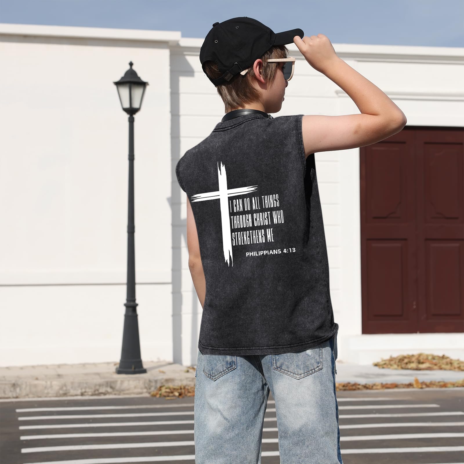 Fkatuzi Boys Christian Graphic Tank Tops God Jesus Shirts for Kids Cross Faith Religious Cotton Acid Wash Sleevesless Tshirt