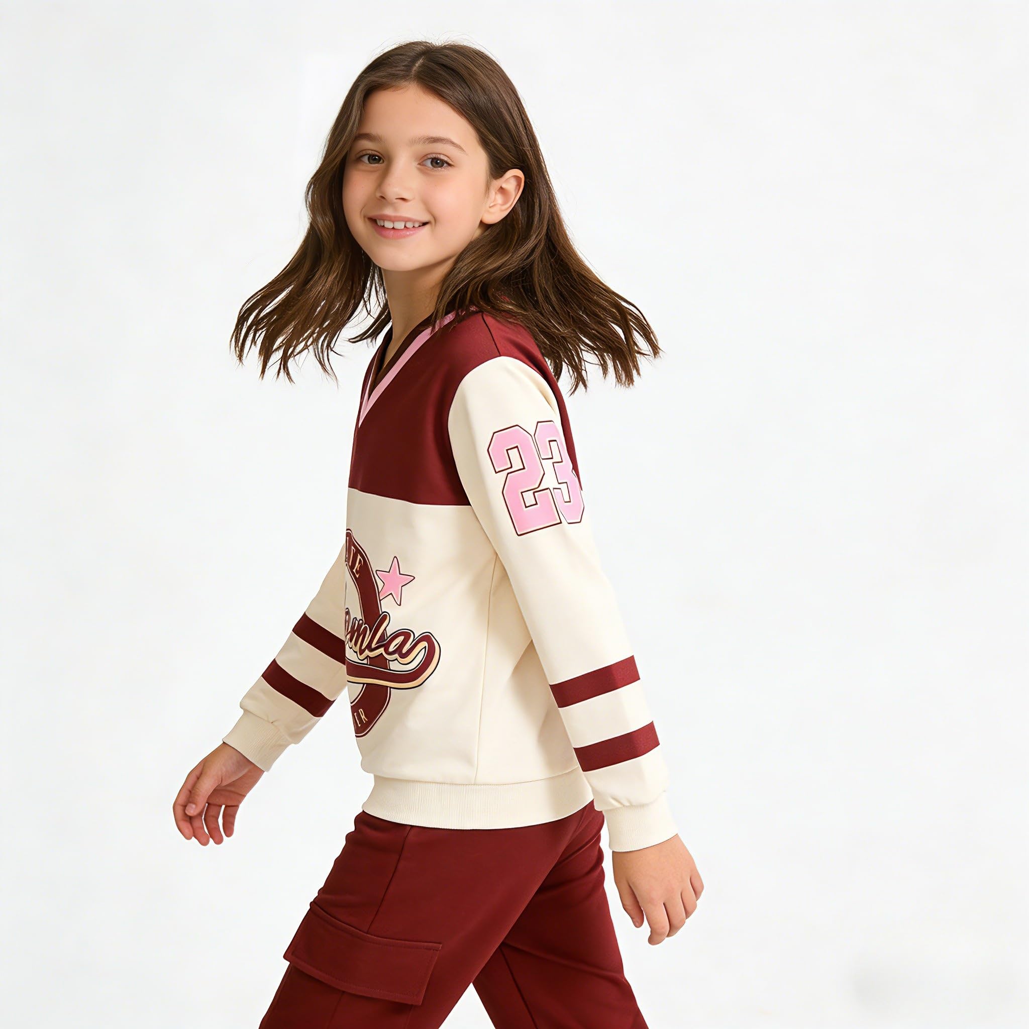 Axumity Tween Girls Clothes Sporty Color Blocking Numeral Print Sweatshirt & Cargo Pants Outfit Set