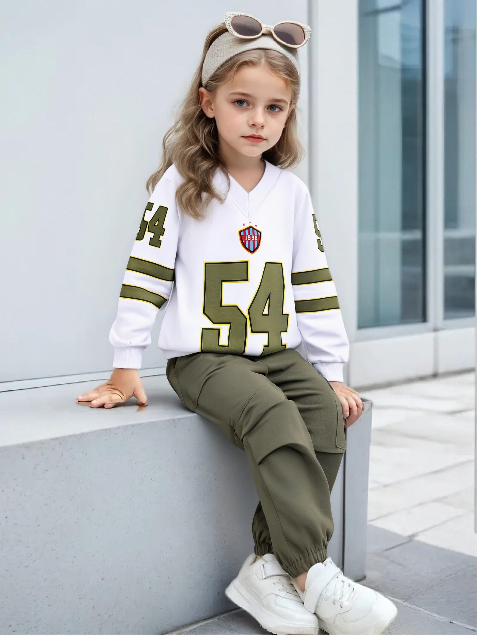 Axumity Tween Girls Clothes Sporty Color Blocking Numeral Print Sweatshirt & Cargo Pants Outfit Set