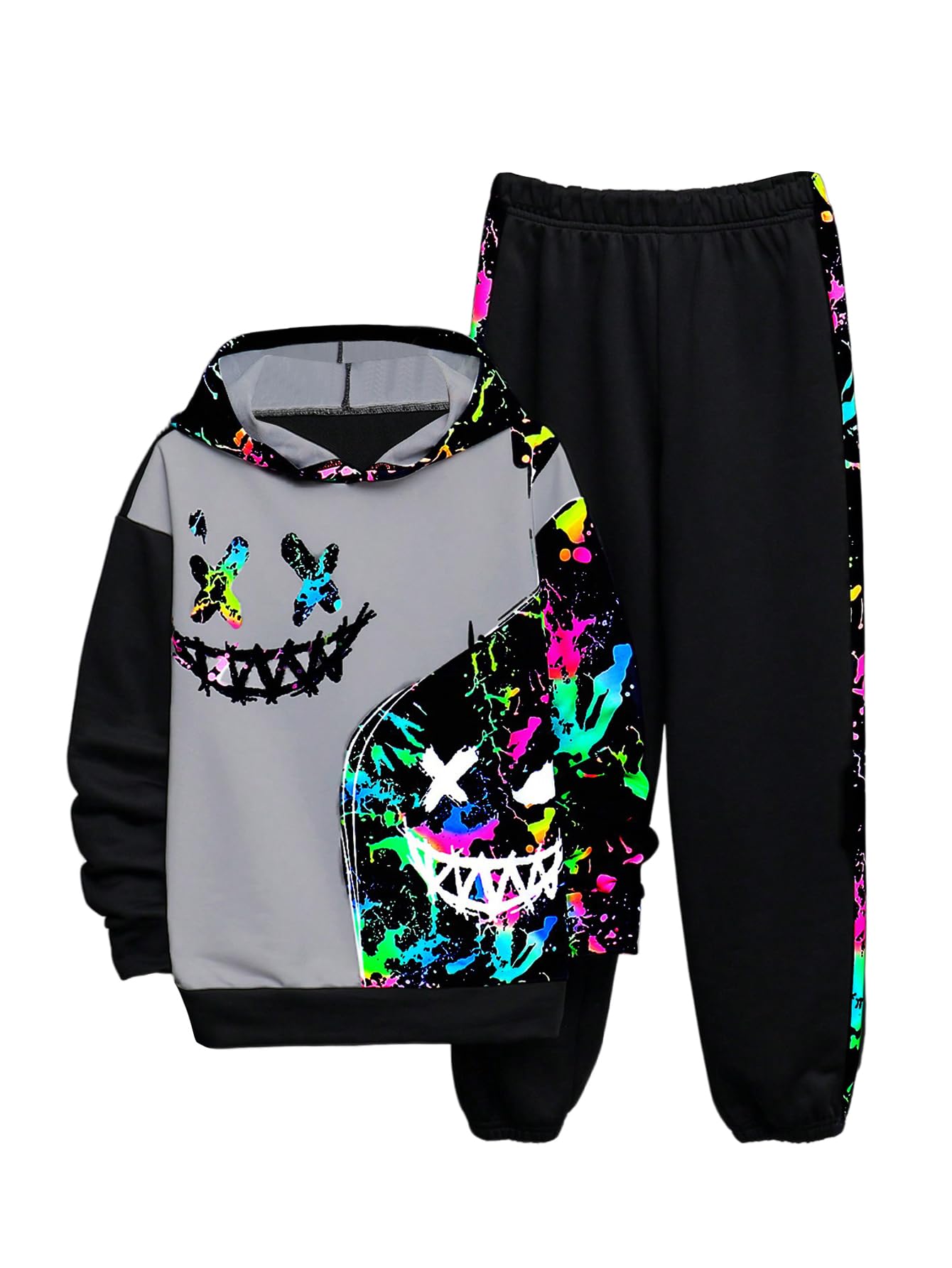 WDIRARA Boy's 2 Piece Outfits Colorful Graphic Print Long Sleeve Hoodie and Sweatpants Set Tracksuit