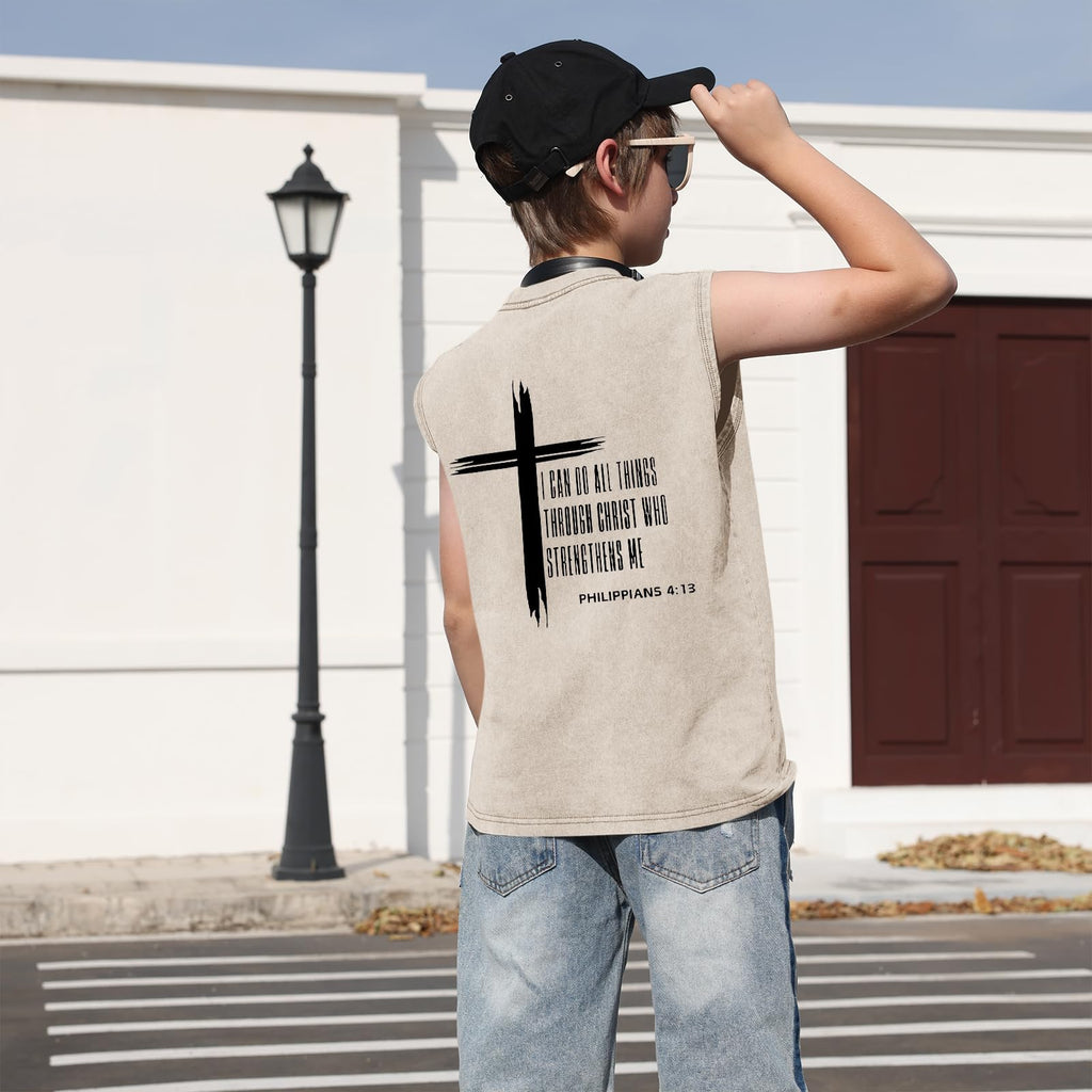 Fkatuzi Boys Christian Graphic Tank Tops God Jesus Shirts for Kids Cross Faith Religious Cotton Acid Wash Sleevesless Tshirt
