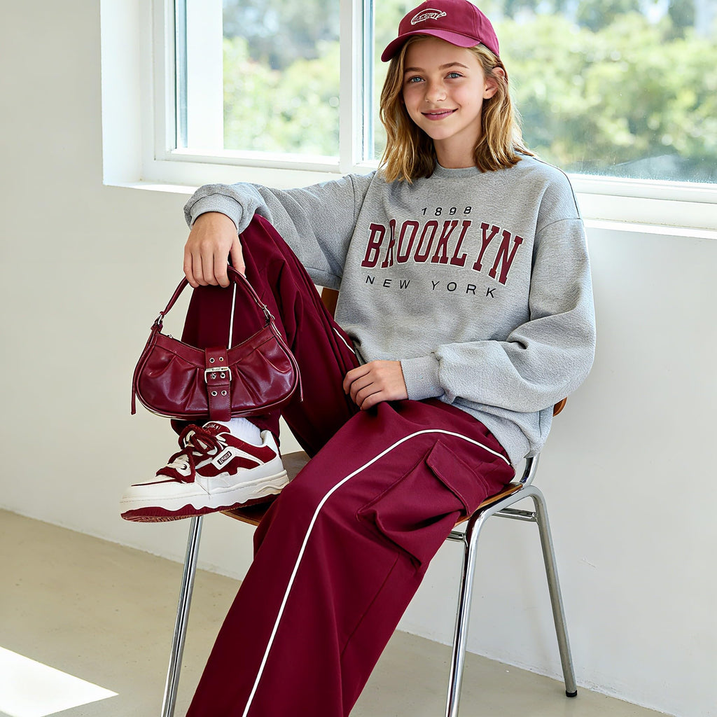 Axumity Tween Girls Clothes Sporty Color Blocking Numeral Print Sweatshirt & Cargo Pants Outfit Set