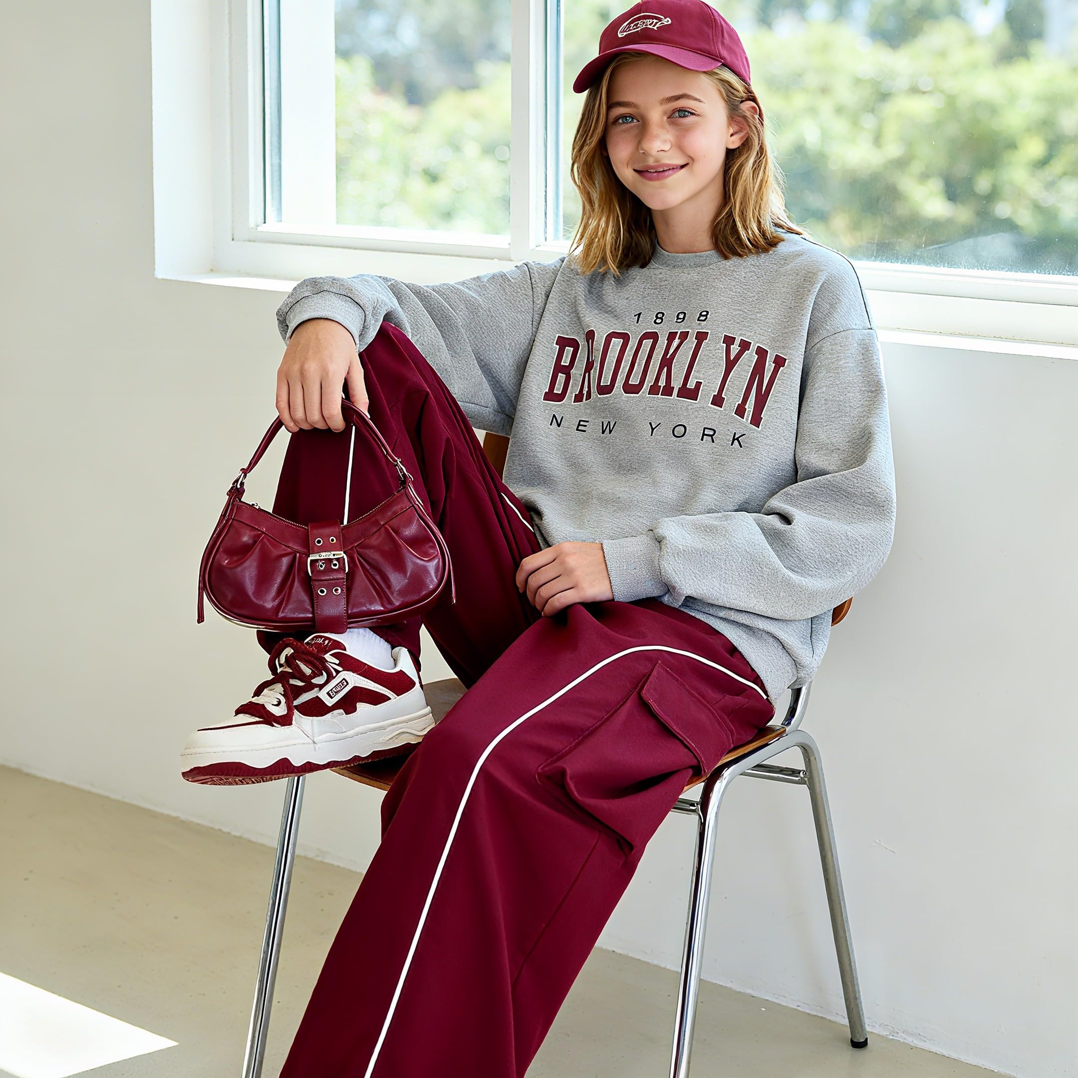 Axumity Tween Girls Clothes Sporty Color Blocking Numeral Print Sweatshirt & Cargo Pants Outfit Set