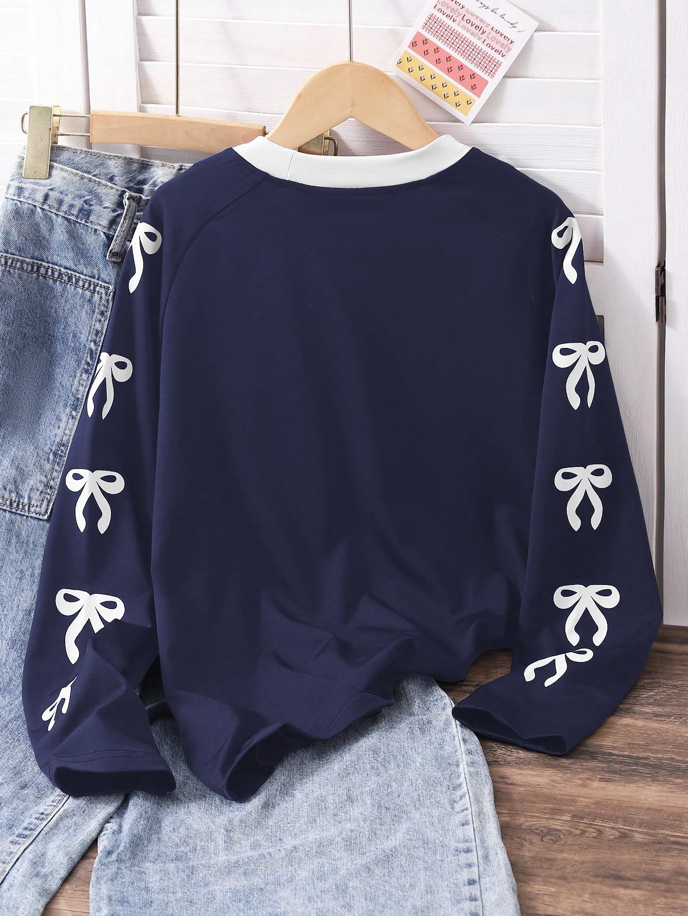 RoseSeek Girl's Jersey Bowknot Graphic Number Print Tees Long Sleeve Crew Neck Shirts Cute Tee Tops Streetwear