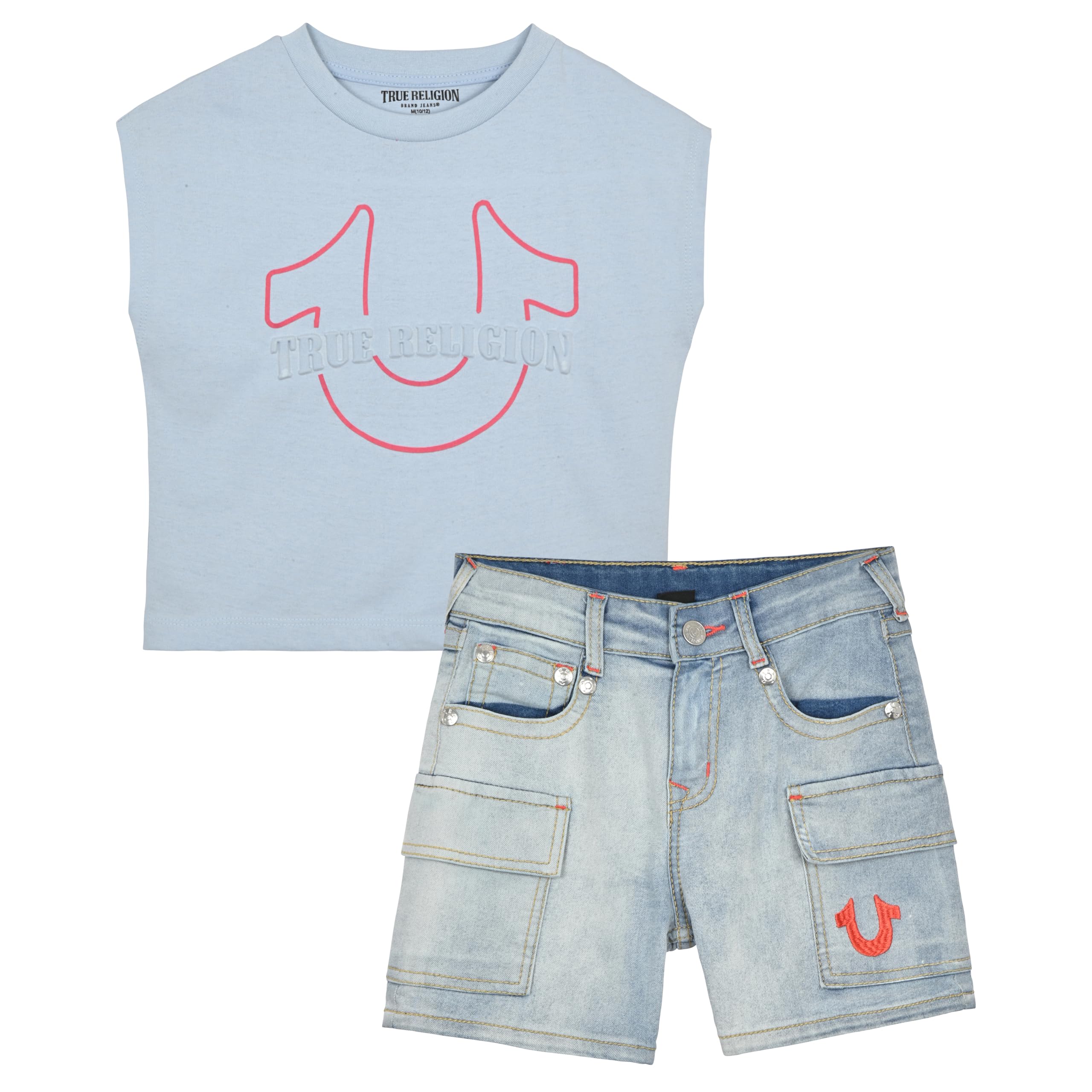 True Religion Girls Jeans Shorts Set Girls Denim Short and Fashion Tee Shirt Clothing Set for Kids