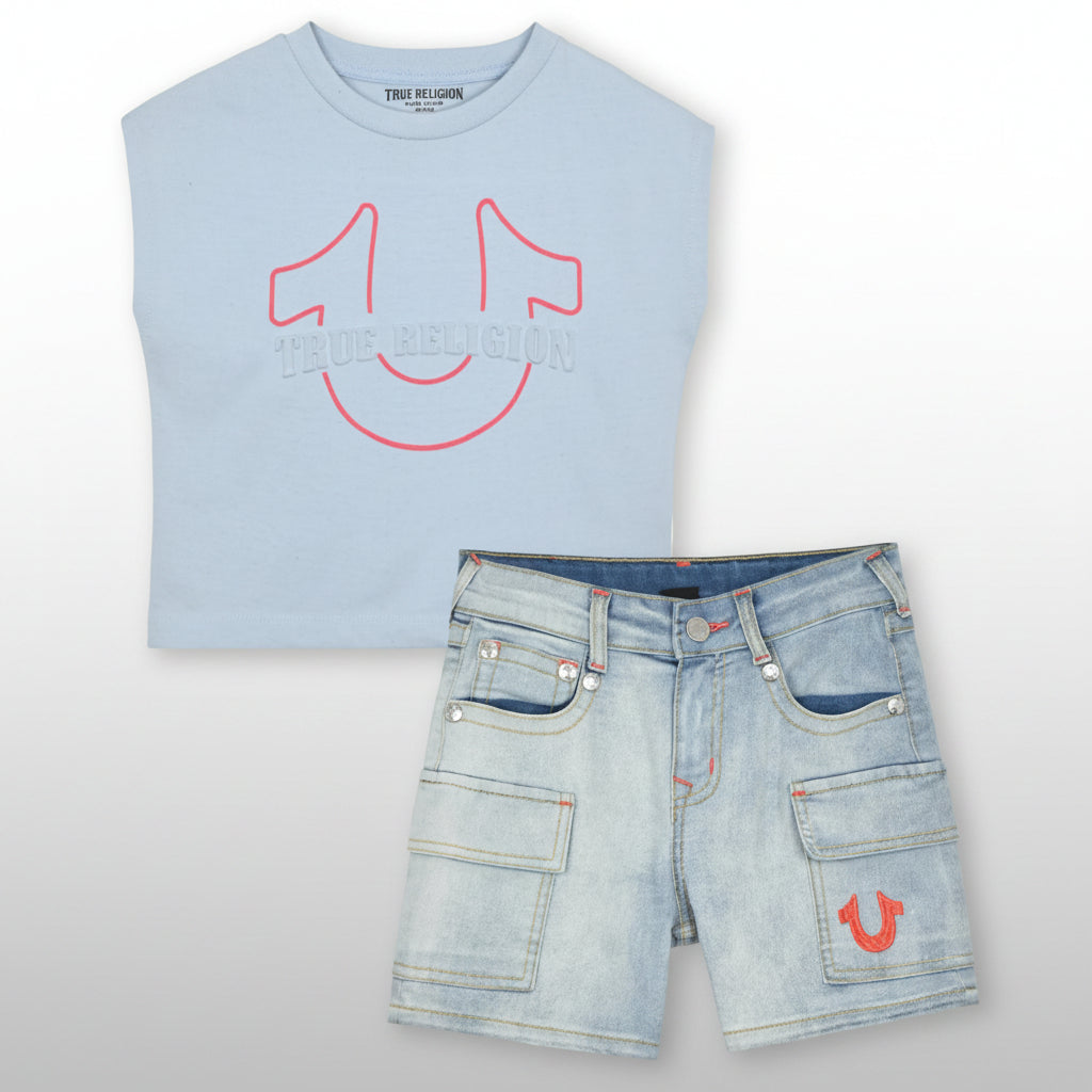A two-piece kids' outfit set from True Religion featuring a light blue sleeveless crop top with a red and gray logo, paired with matching light blue denim cargo shorts with a red logo patch.
