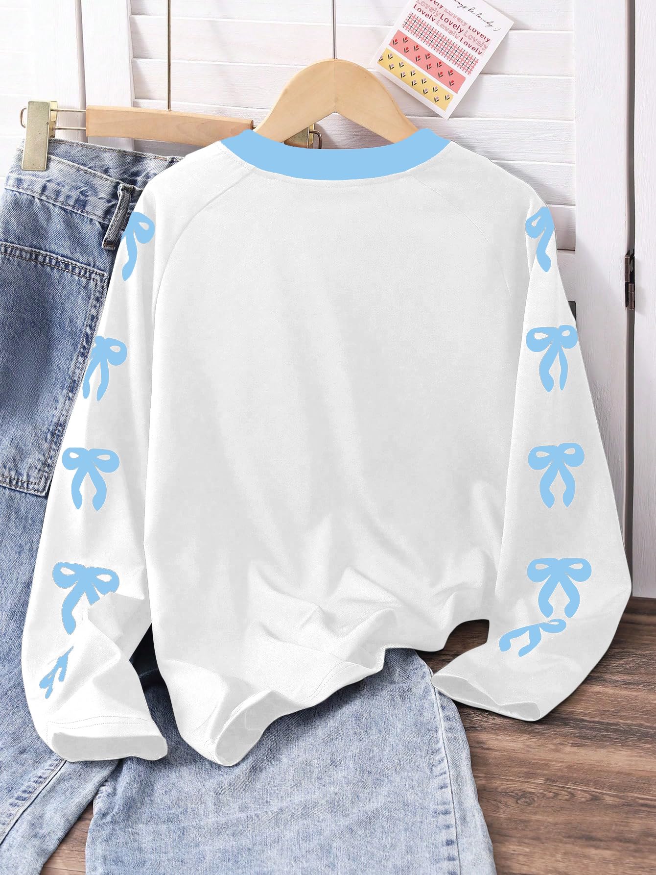RoseSeek Girl's Jersey Bowknot Graphic Number Print Tees Long Sleeve Crew Neck Shirts Cute Tee Tops Streetwear