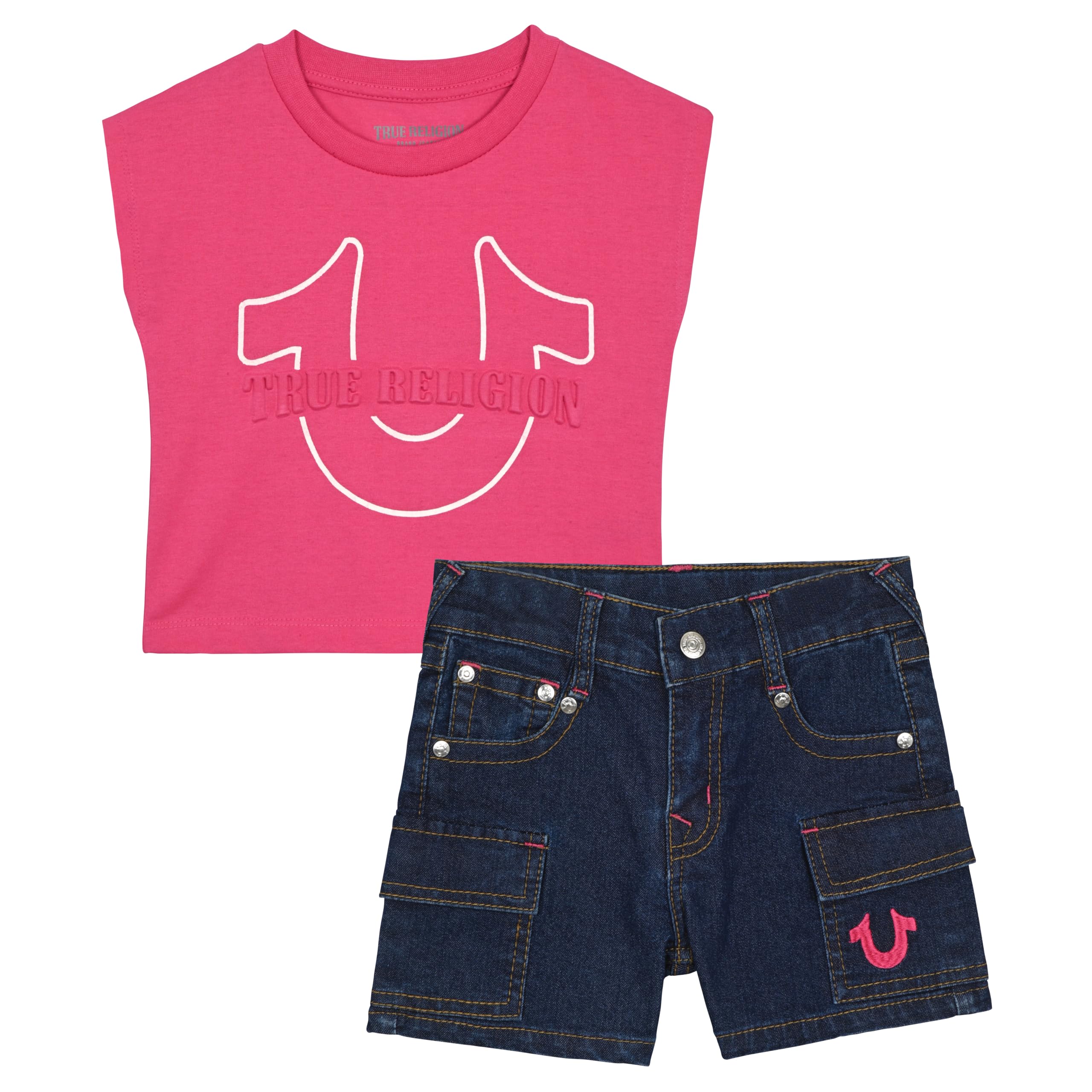 True Religion Girls Jeans Shorts Set Girls Denim Short and Fashion Tee Shirt Clothing Set for Kids