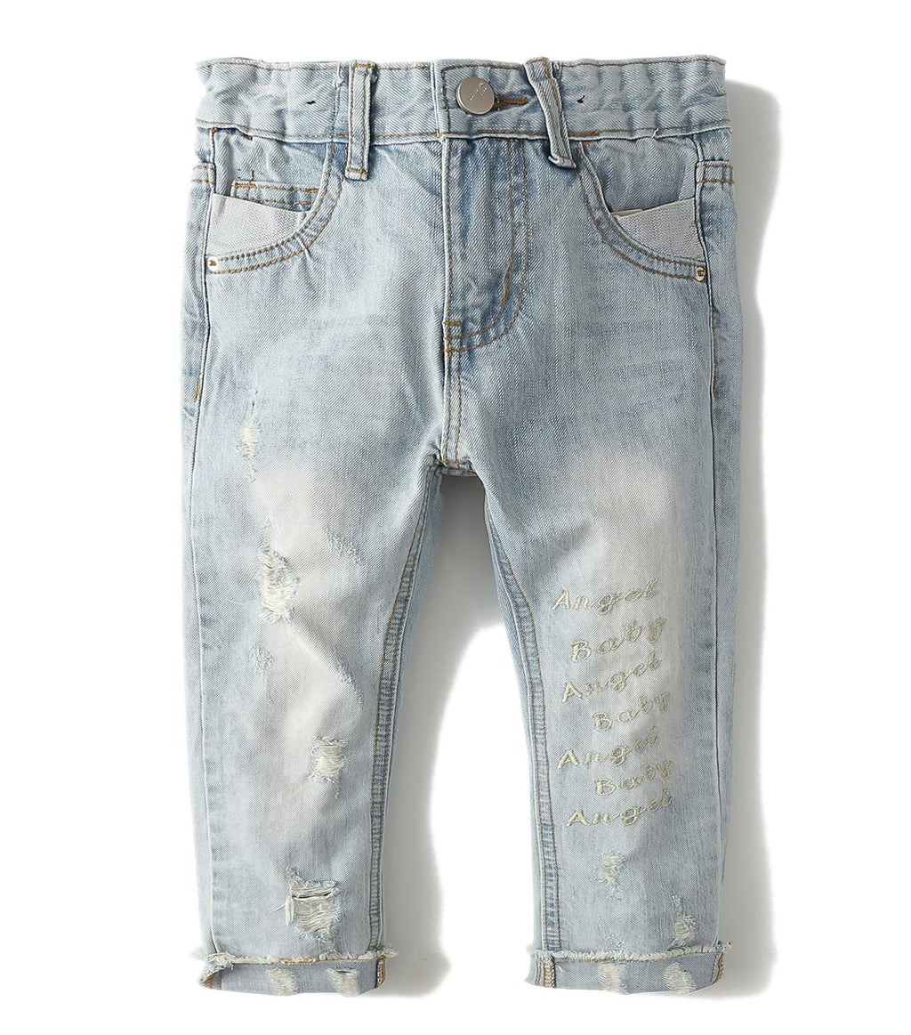 KIDSCOOL SPACE Baby Girl Boy Jeans,Elastic Band Inside with D-Rings Ripped Denim Pants