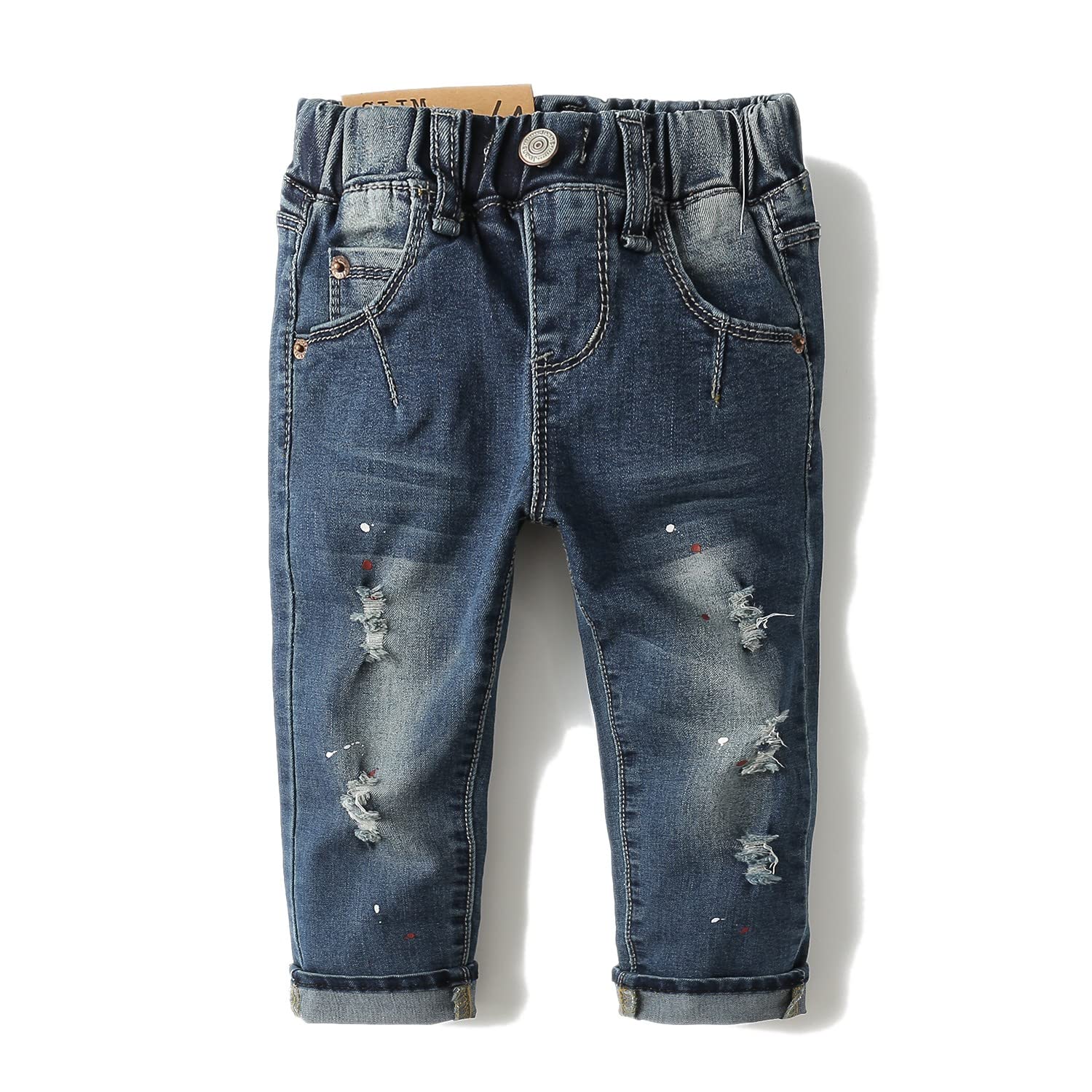 KIDSCOOL SPACE Baby Girl Boy Jeans,Elastic Band Inside with D-Rings Ripped Denim Pants