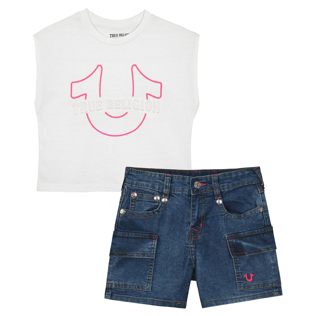 True Religion Girls Jeans Shorts Set Girls Denim Short and Fashion Tee Shirt Clothing Set for Kids