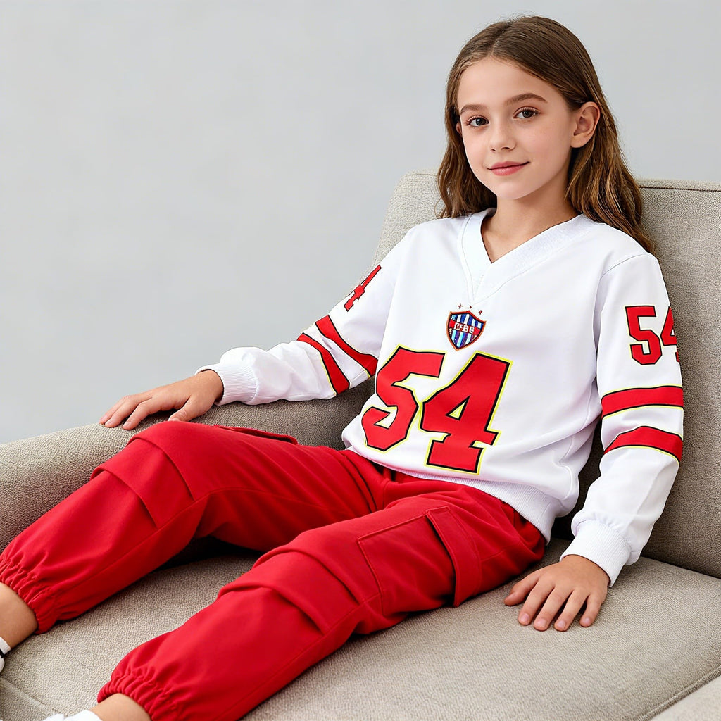 Axumity Tween Girls Clothes Sporty Color Blocking Numeral Print Sweatshirt & Cargo Pants Outfit Set