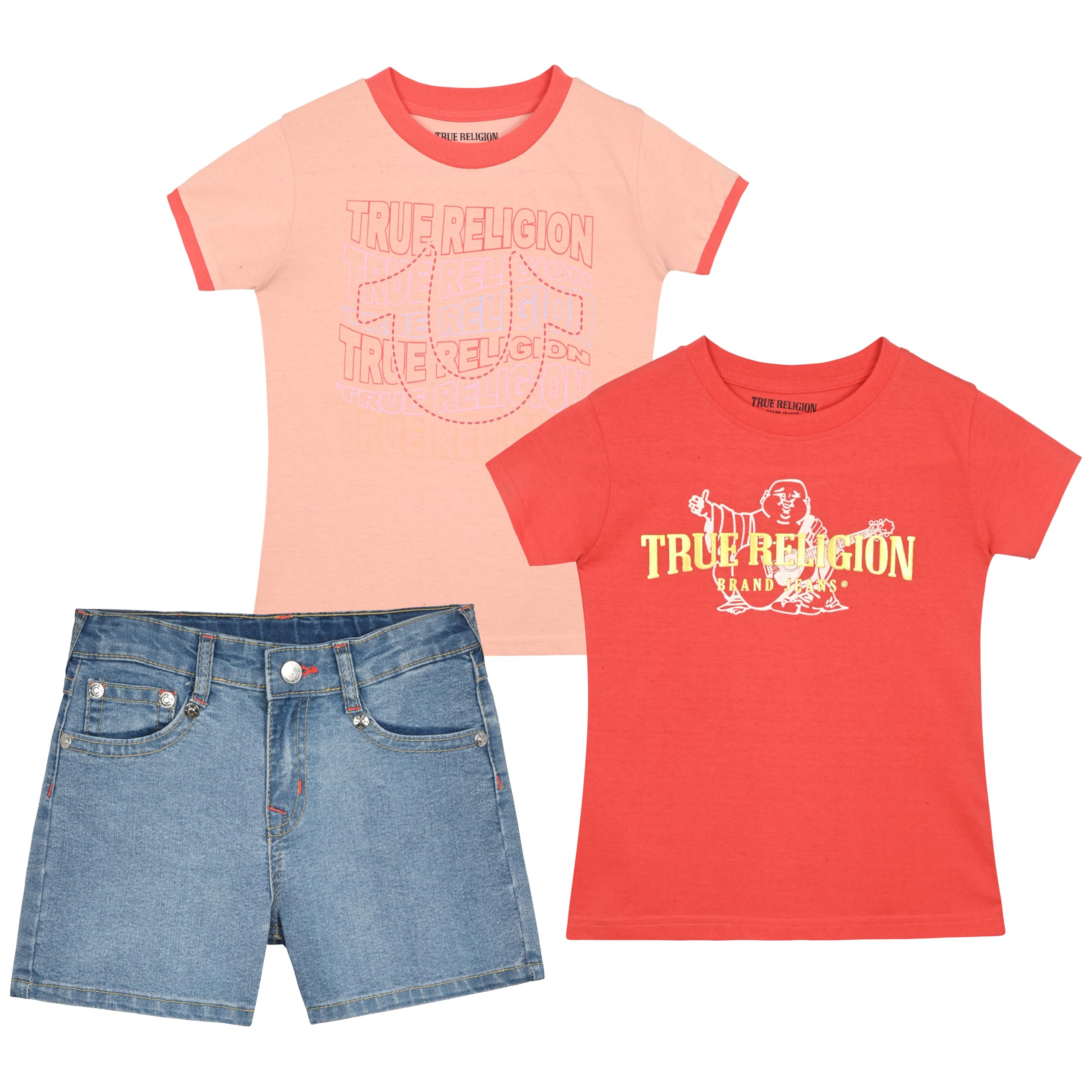 True Religion Girls Jeans Shorts Set Girls Denim Short and Fashion Tee Shirt Clothing Set for Kids