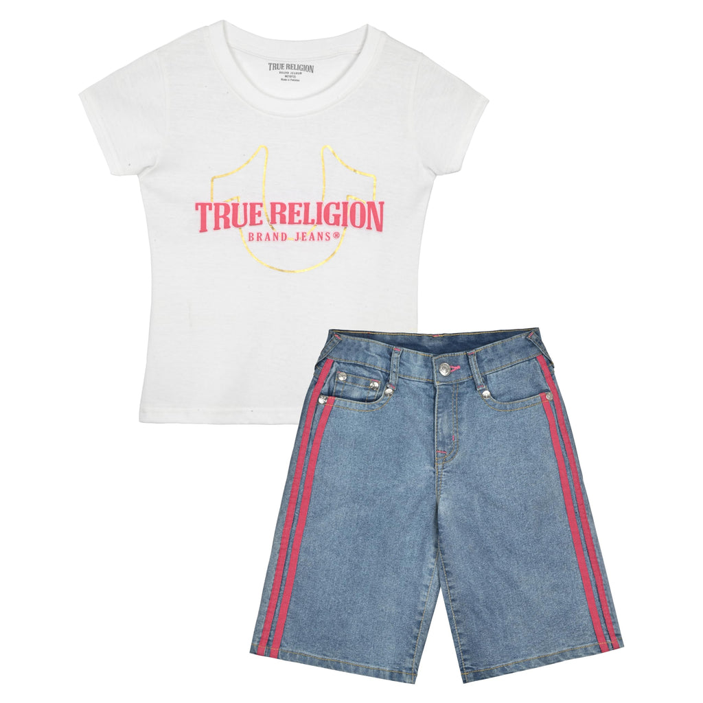 True Religion Girls Jeans Shorts Set Girls Denim Short and Fashion Tee Shirt Clothing Set for Kids