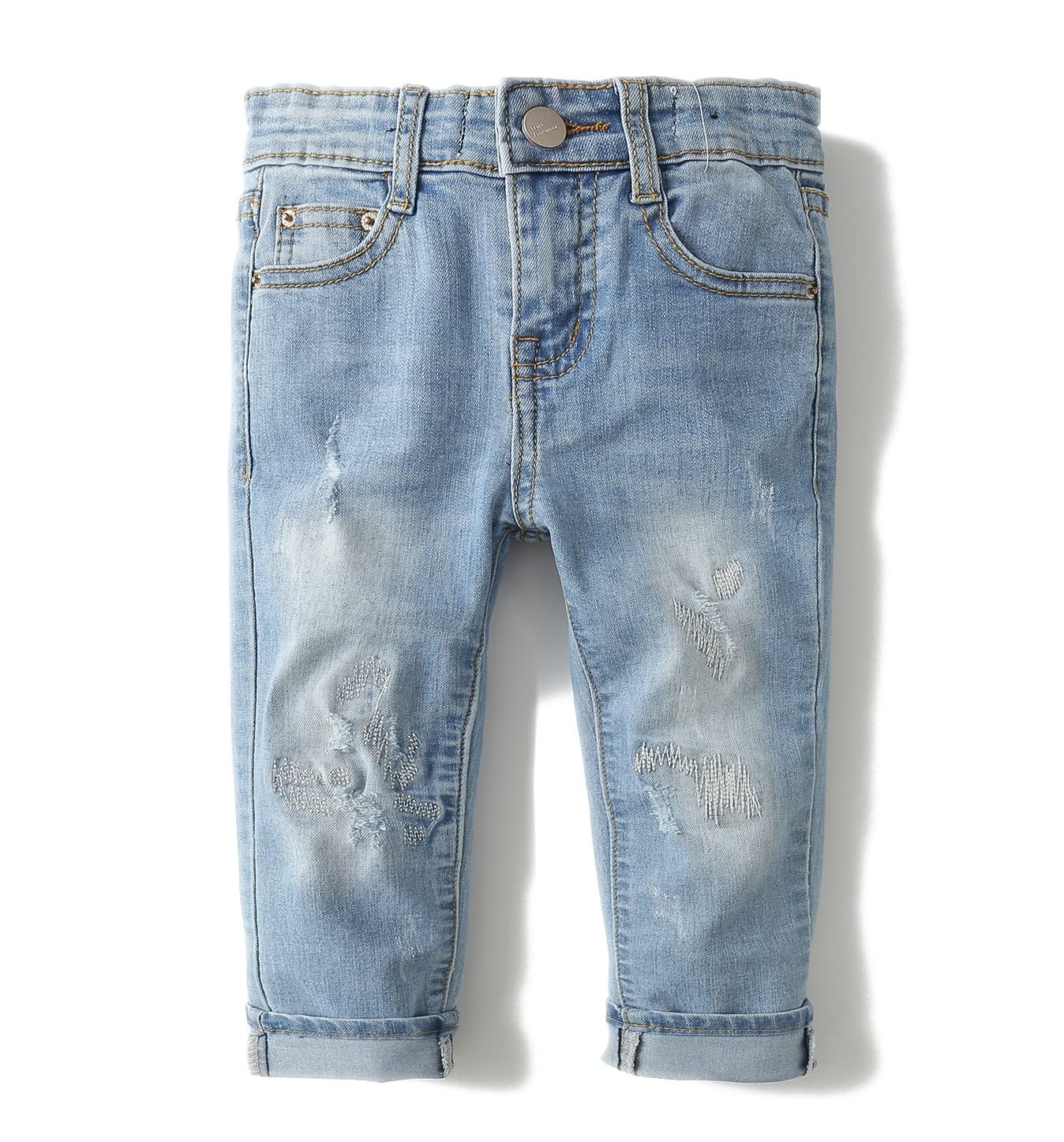 KIDSCOOL SPACE Baby Girl Boy Jeans,Elastic Band Inside with D-Rings Ripped Denim Pants