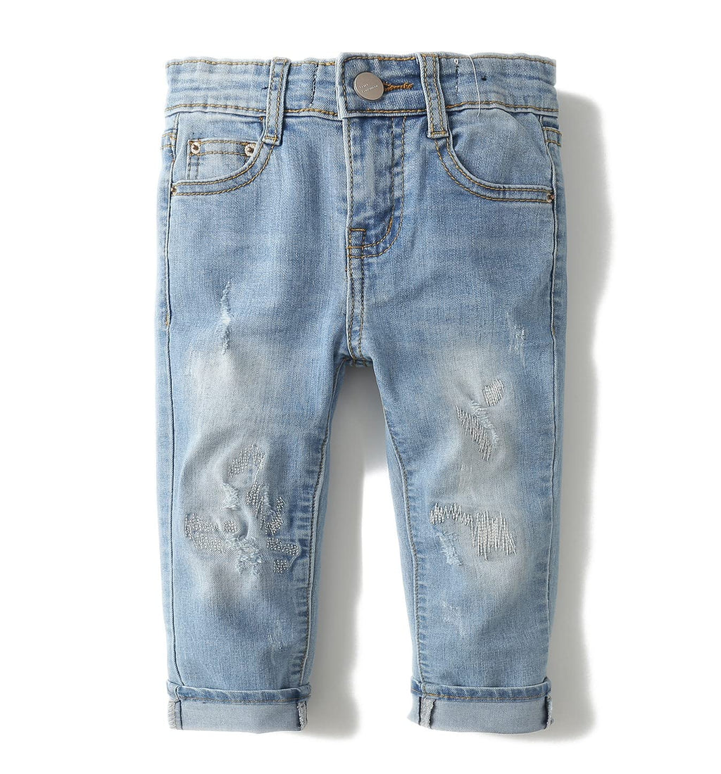 KIDSCOOL SPACE Baby Girl Boy Jeans,Elastic Band Inside with D-Rings Ripped Denim Pants
