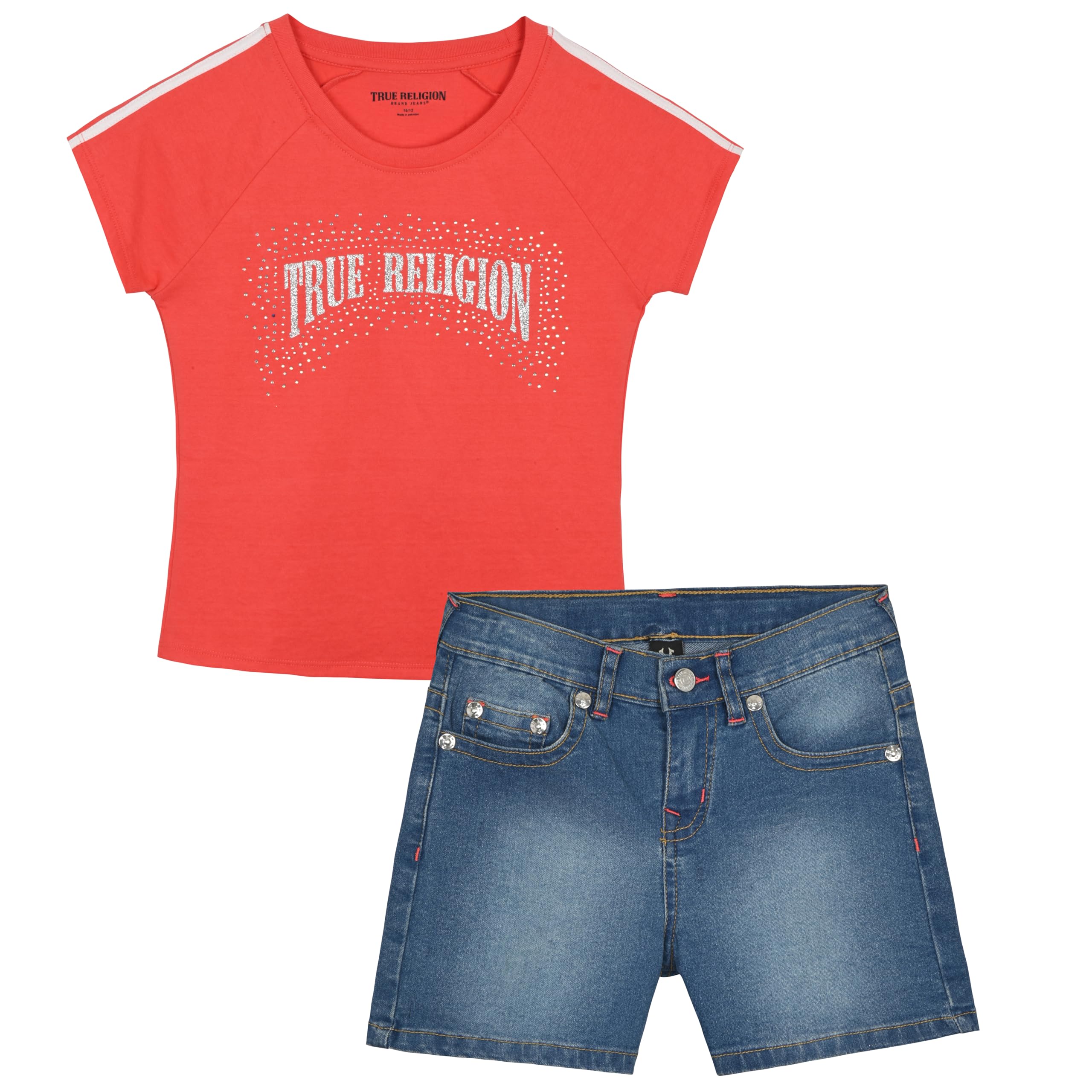 True Religion Girls Jeans Shorts Set Girls Denim Short and Fashion Tee Shirt Clothing Set for Kids