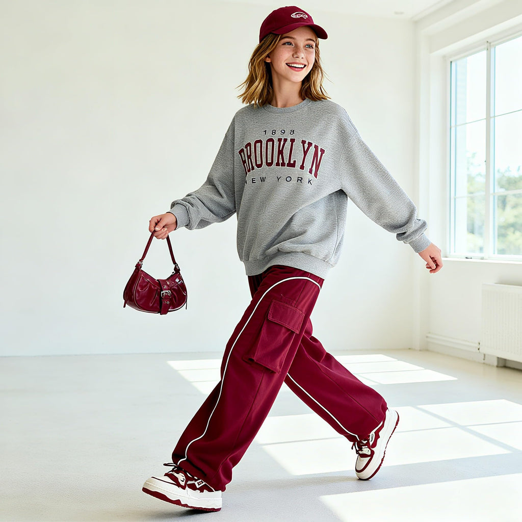 Axumity Tween Girls Clothes Sporty Color Blocking Numeral Print Sweatshirt & Cargo Pants Outfit Set