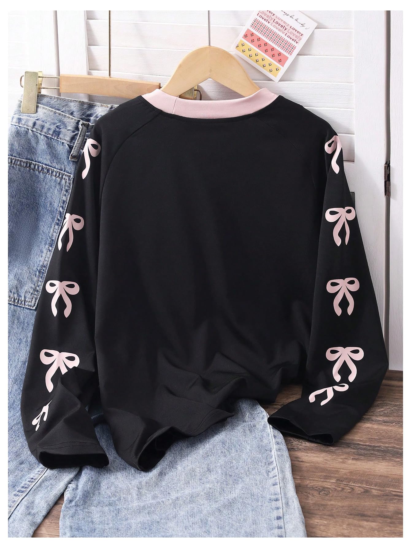 RoseSeek Girl's Jersey Bowknot Graphic Number Print Tees Long Sleeve Crew Neck Shirts Cute Tee Tops Streetwear