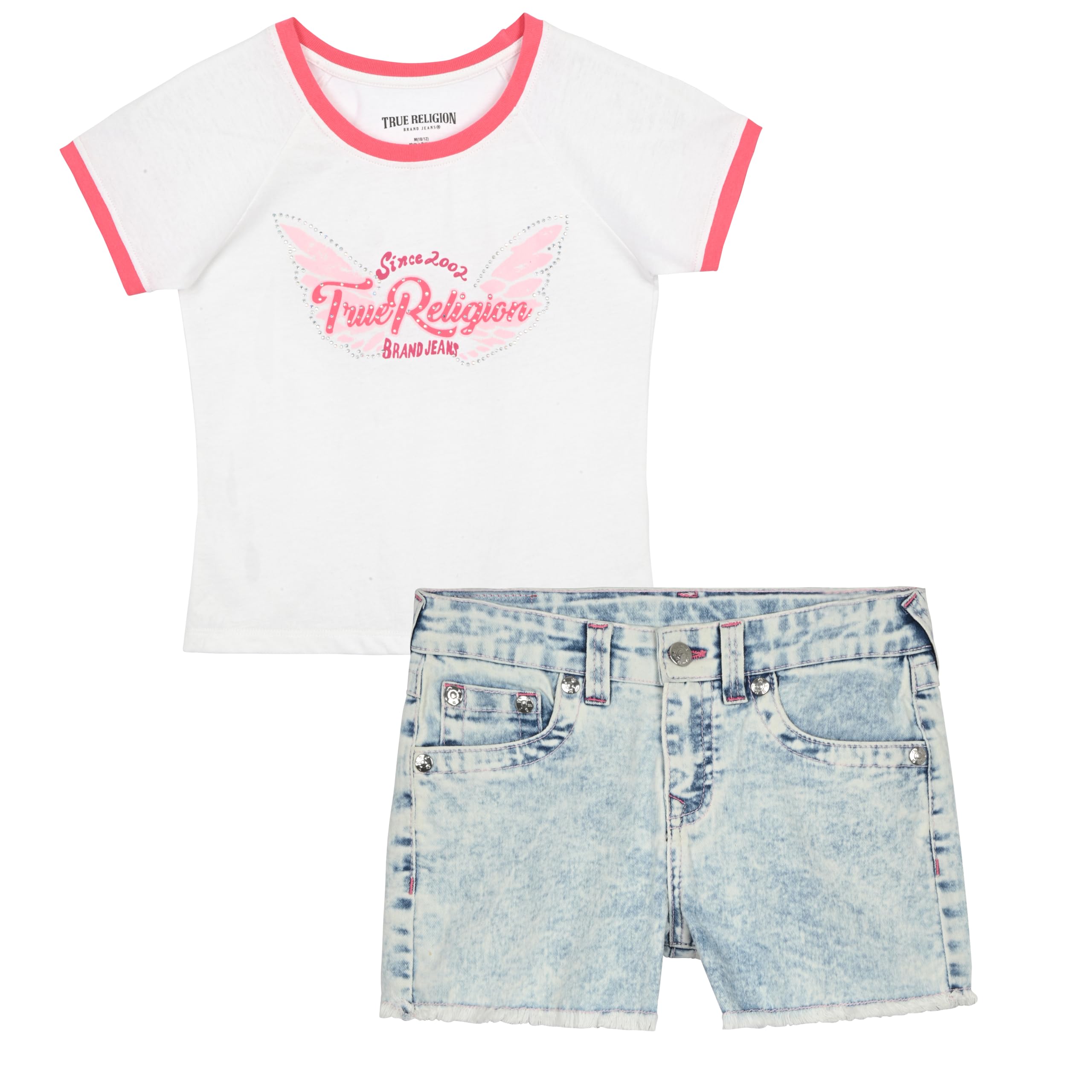 True Religion Girls Jeans Shorts Set Girls Denim Short and Fashion Tee Shirt Clothing Set for Kids