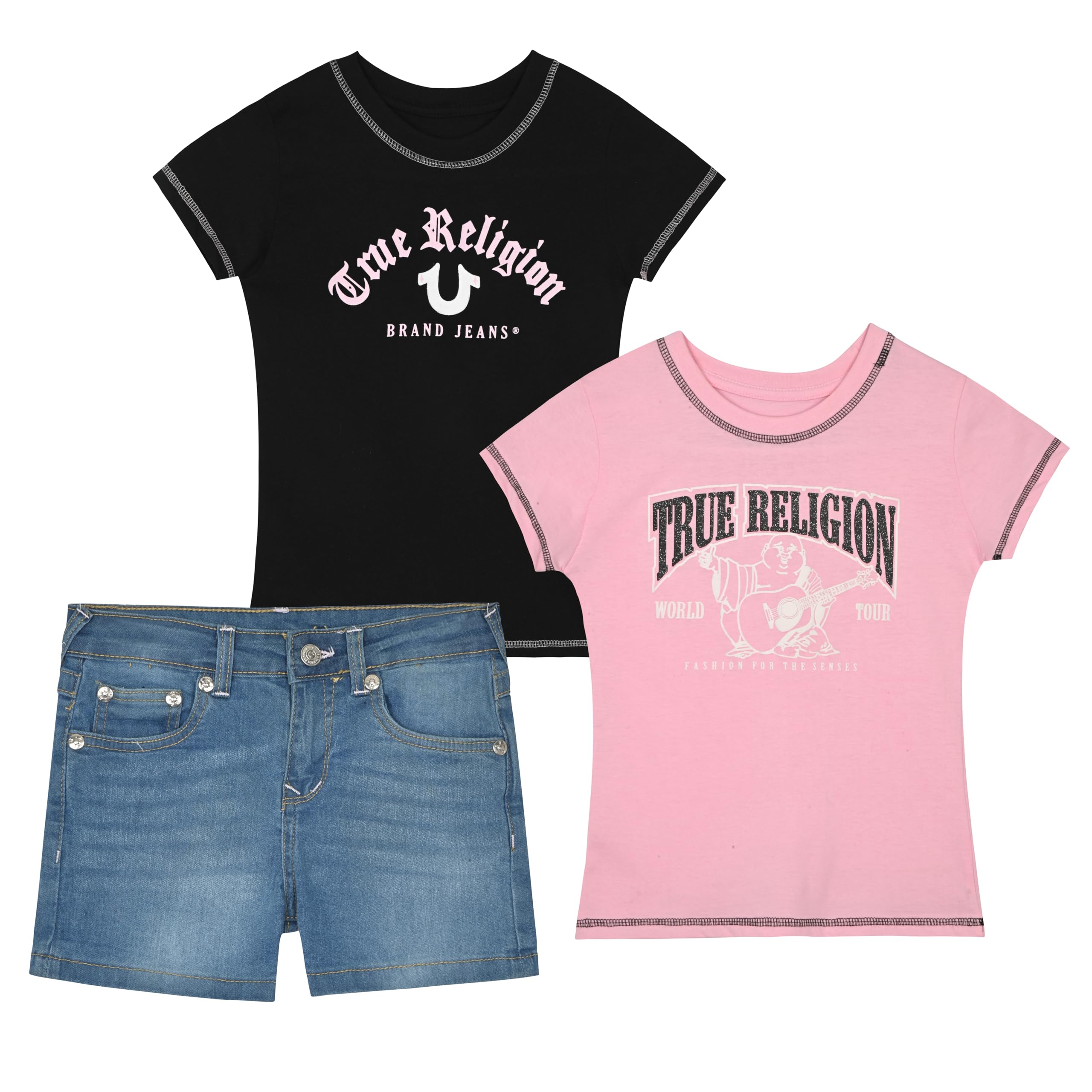 True Religion Girls Jeans Shorts Set Girls Denim Short and Fashion Tee Shirt Clothing Set for Kids