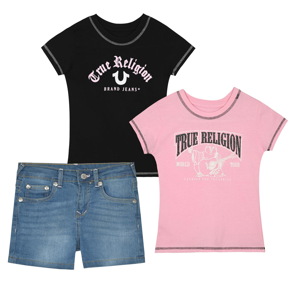 True Religion Girls Jeans Shorts Set Girls Denim Short and Fashion Tee Shirt Clothing Set for Kids