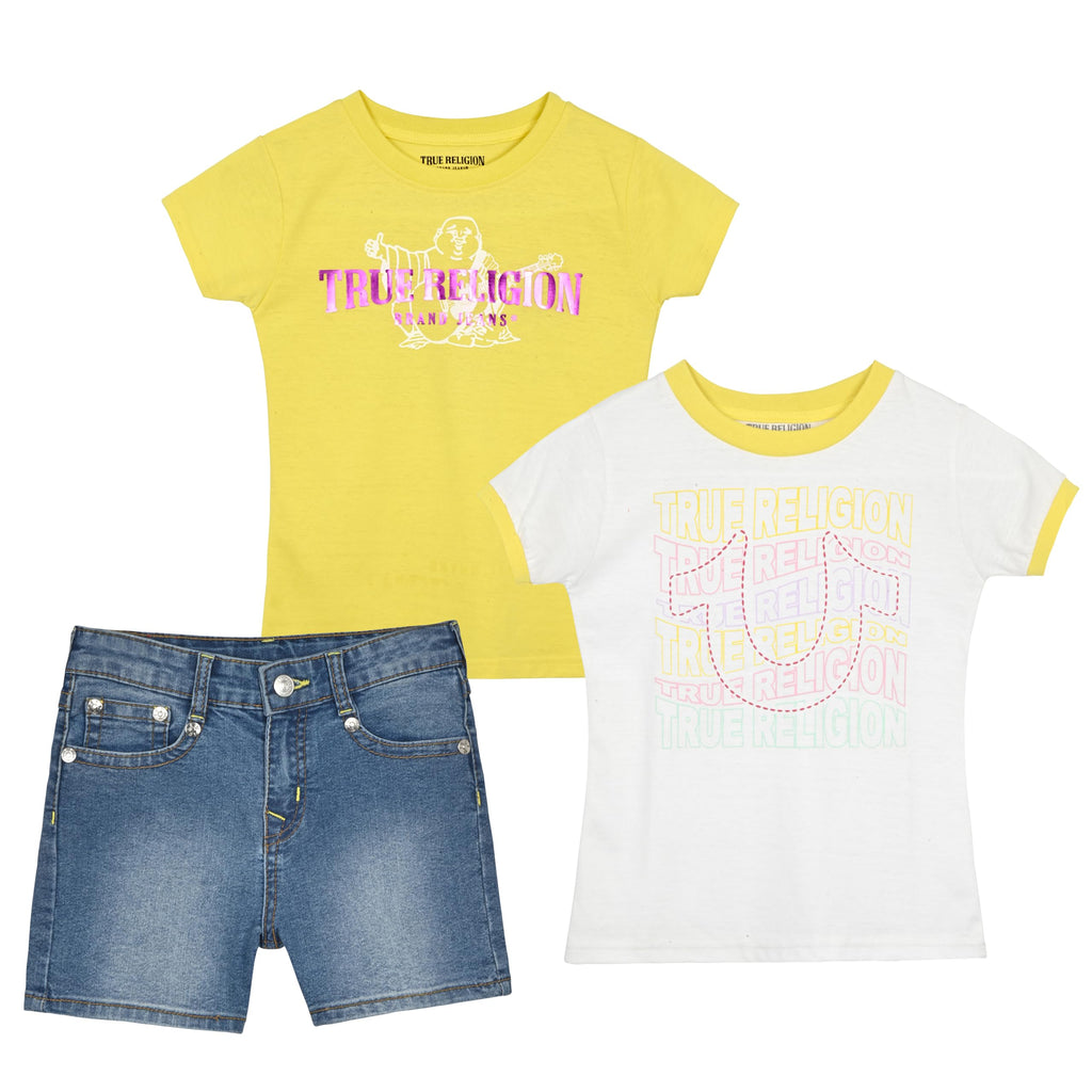 True Religion Girls Jeans Shorts Set Girls Denim Short and Fashion Tee Shirt Clothing Set for Kids