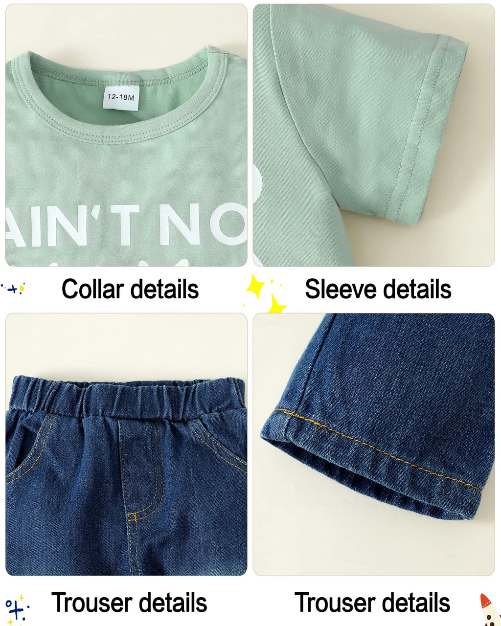YALLET Toddler Boy Clothes 1-5T Boys Outfits Infant Short Sleeve T-Shirt Ripped Jeans 12 18 24 Months Baby Clothing Pants Set