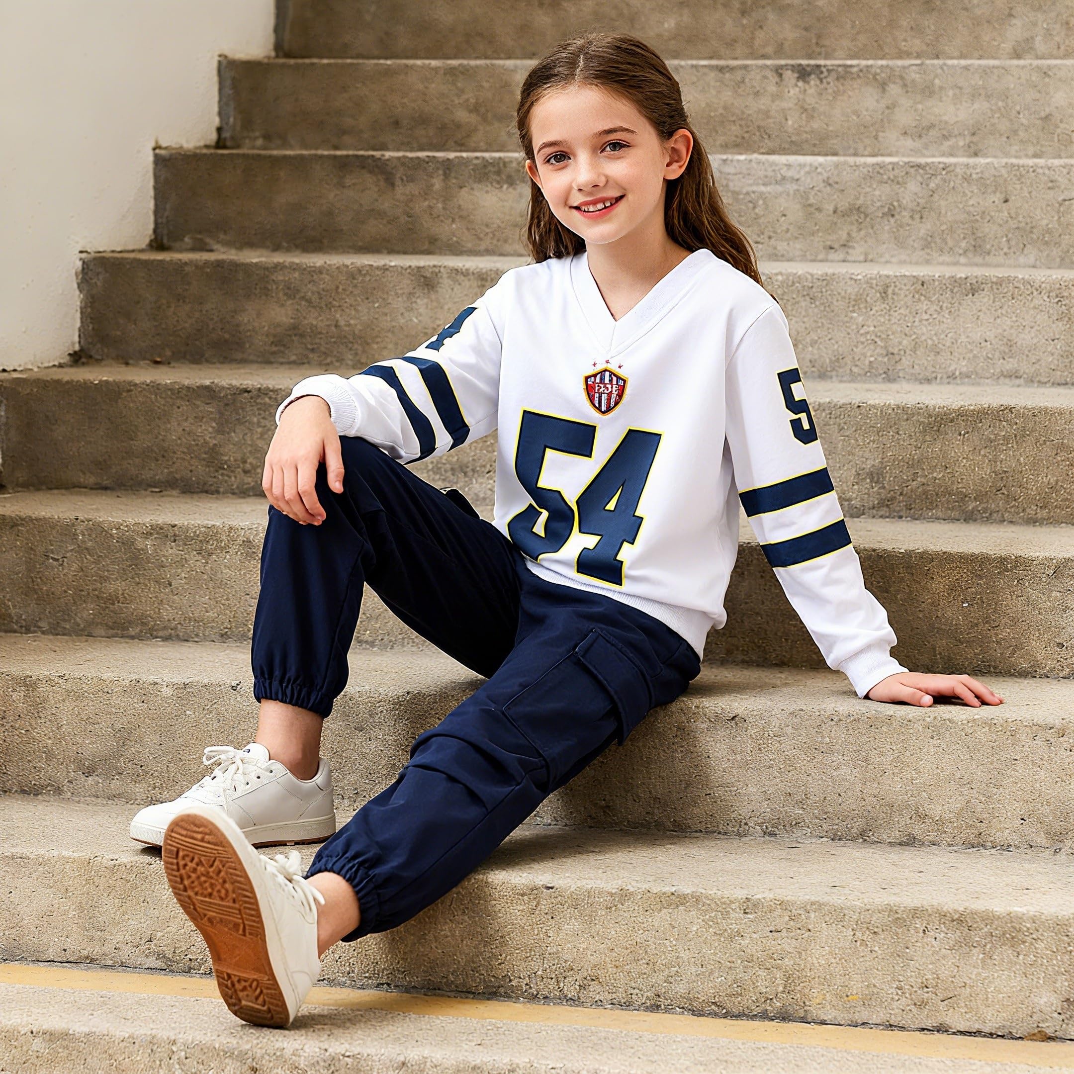 Axumity Tween Girls Clothes Sporty Color Blocking Numeral Print Sweatshirt & Cargo Pants Outfit Set